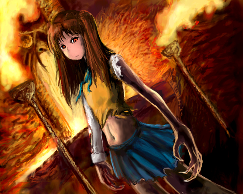 seirei, seirei (mimi toka), shauku endbringer, yumizuka satsuki, magic: the gathering, tsukihime, 1girl, blue skirt, brown hair, claws, demon girl, female focus, long hair, monster girl, parody, red eyes, school uniform, serafuku, skirt, solo, vampire