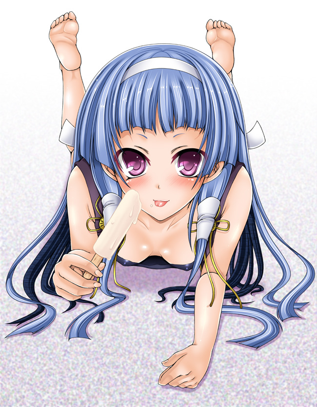 kizaki yuuri, nagi, kannagi, 00s, 1girl, barefoot, blue hair, blunt bangs, breasts, covered erect nipples, downblouse, feet, female focus, food, hairband, long hair, lying, popsicle, purple eyes, small breasts, soles, solo, tongue