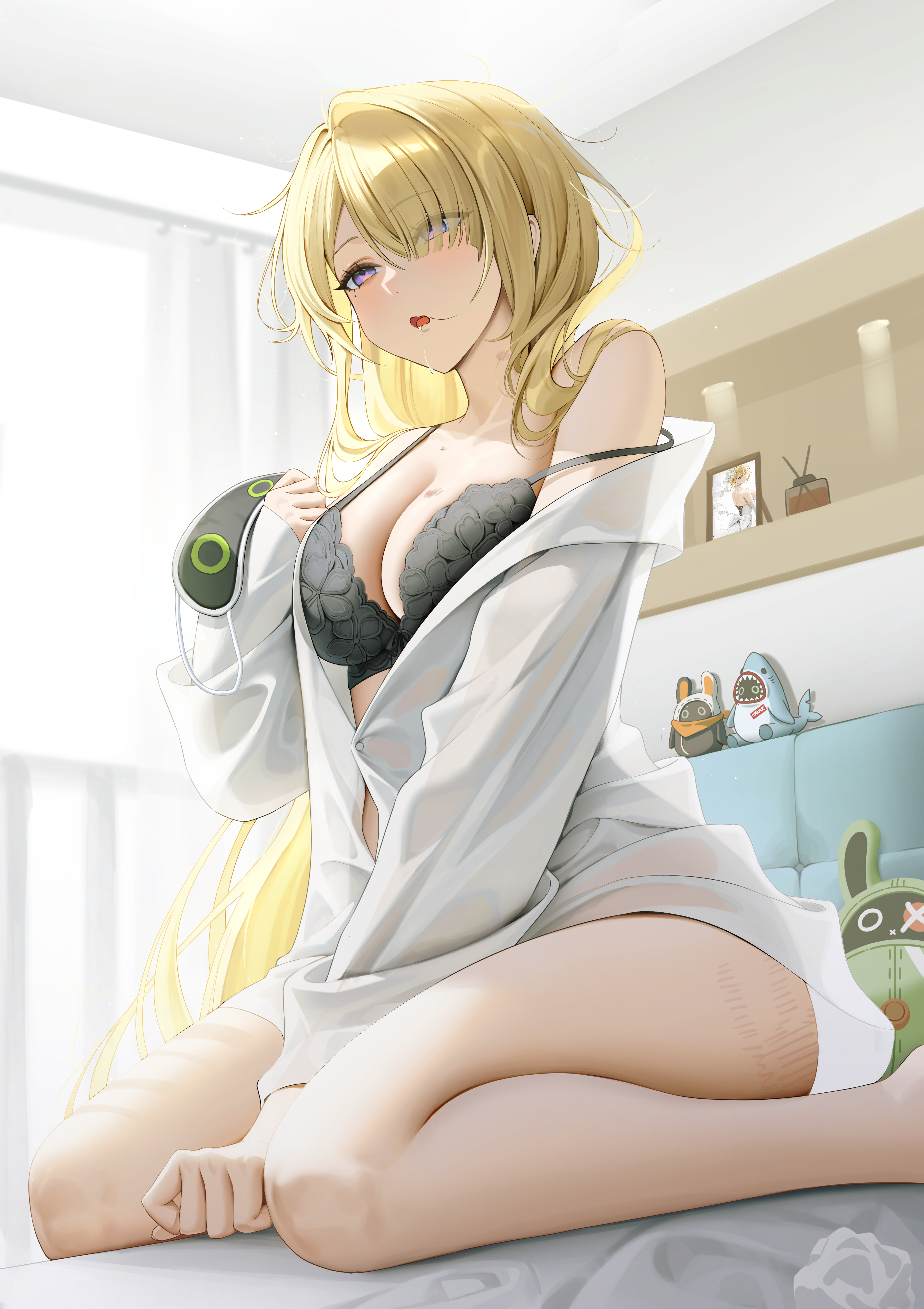 kkuni, eous (zenless zone zero), evelyn chevalier, zenless zone zero, absurdres, highres, 1girl, black bra, blindfold, blush, bra, breasts, cleavage, drooling, eyes visible through hair, hair over one eye, hickey, indoors, large breasts, long hair, long sleeves, mole, mole under eye, off shoulder, open mouth, purple eyes, shirt, solo, thighs, underwear, white shirt