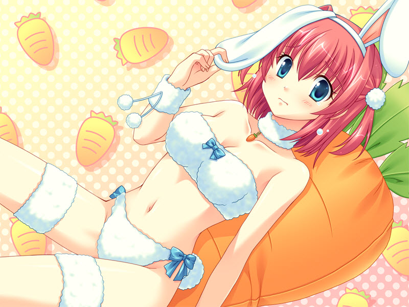 shinonome yukako, natsumegu, game cg, non-web source, 1girl, animal ears, aqua eyes, bikini, carrot, female focus, navel, rabbit ears, red hair, short hair, solo, swimsuit, white bikini