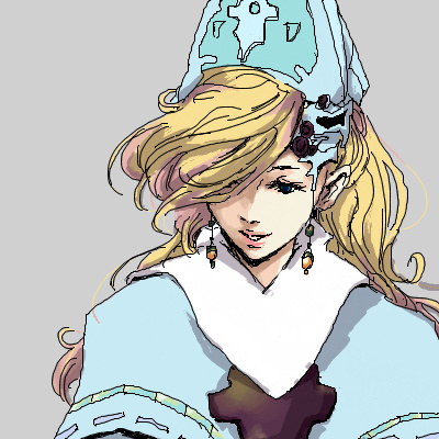 rika (ajidori), rika (artist), leonora, final fantasy, final fantasy iv, final fantasy iv: the after years, lowres, 1990s (style), 1girl, blonde hair, cross, earrings, female focus, hair over one eye, hat, jewelry, retro artstyle, simple background, solo, tate eboshi, upper body