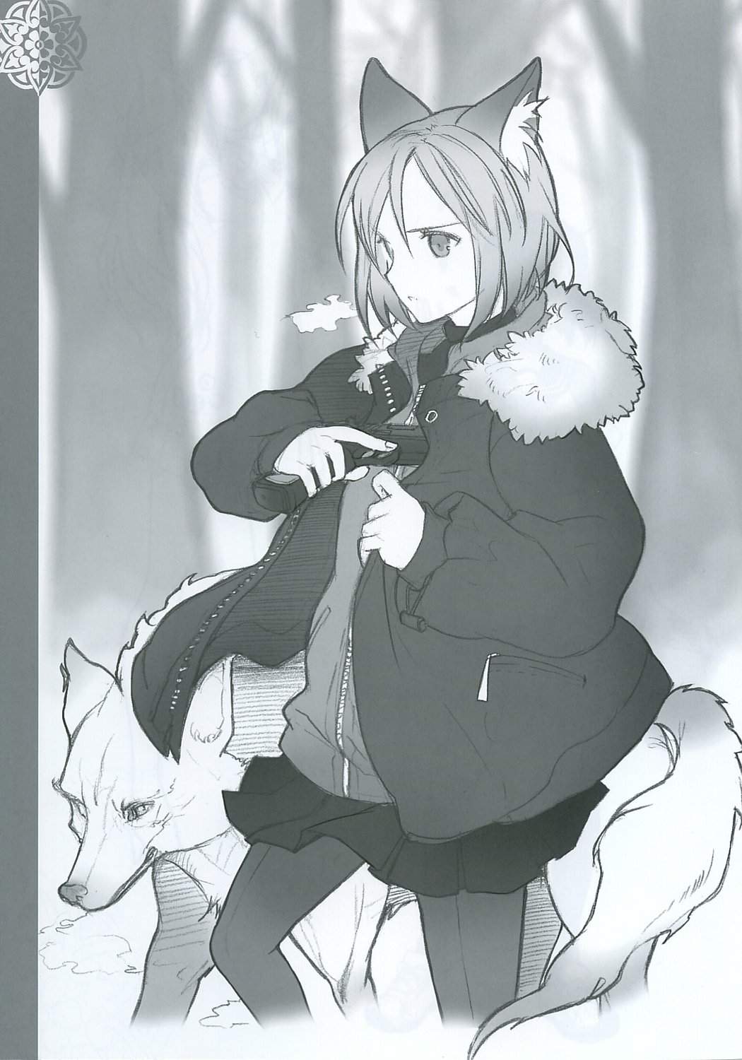 h2so4, highres, animal ears, coat, greyscale, gun, miniskirt, monochrome, pantyhose, short hair, skirt, solo, weapon, wolf
