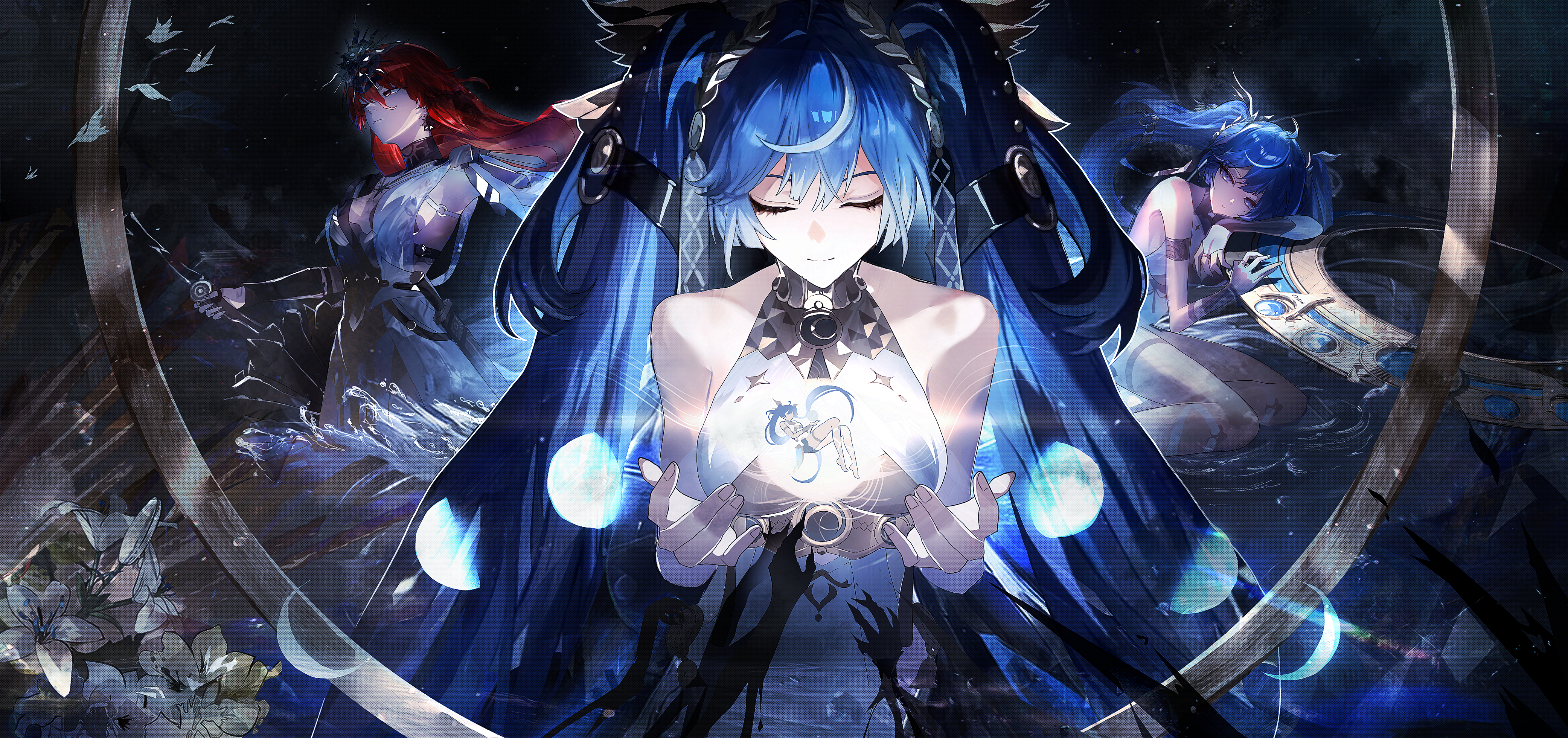 yirin, augusta (wuthering waves), iuno (wuthering waves), wuthering waves, absurdres, commentary, english commentary, highres, 2girls, ancient greek clothes, armor, bare shoulders, blue eyes, blue hair, breastplate, breasts, closed eyes, closed mouth, dress, gold bra, greatsword, greco-roman clothes, headgear, holding, holding sword, holding weapon, laurel crown, long hair, looking at viewer, medium breasts, multicolored hair, multiple girls, orange hair, sitting, streaked hair, sword, twintails, very long hair, weapon, white dress