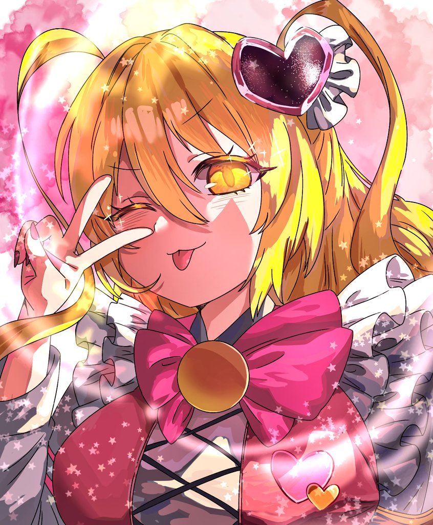 don quixote (project moon), limbus company, project moon, 1girl, :3, :p, blonde hair, bow, bowtie, e.g.o (project moon), hair ornament, heart, heart hair ornament, in the name of love and hate (e.g.o), lobotomy corporation (identity) (project moon), long hair, long sleeves, looking at viewer, one eye closed, pink background, pink bow, pink bowtie, pink nails, pink vest, q38jkwbeuo7116, simple background, solo, tongue, tongue out, two side up, upper body, v, vest, yellow eyes