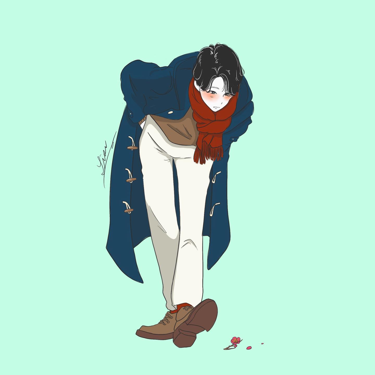 lisa (illustsan430), original, commentary request, highres, 1boy, aqua background, artist name, bent over, black eyes, black hair, blue coat, bright pupils, brown shoes, brown sweater, closed mouth, coat, flower, fringe trim, full body, hands in pockets, long sleeves, looking at flowers, looking down, male focus, open clothes, open coat, pants, parted hair, pink flower, plum blossoms, red scarf, red socks, scarf, shoes, short hair, signature, simple background, socks, solo, standing, sweater, toggles, walking, white pants, white pupils