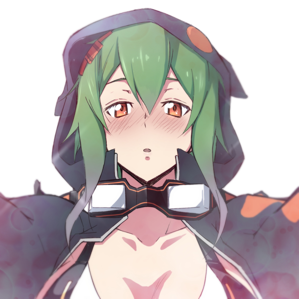 keyliom, shinomiya rina, digimon, digimon world re:digitize, 1girl, bikini, bikini top only, black bikini, black jacket, blush, breasts, cleavage, goggles, goggles around neck, green hair, hair between eyes, hood, hood up, hooded jacket, jacket, long sleeves, looking at viewer, multicolored bikini, orange eyes, partially unzipped, print jacket, short hair, swimsuit, two-tone bikini, white bikini