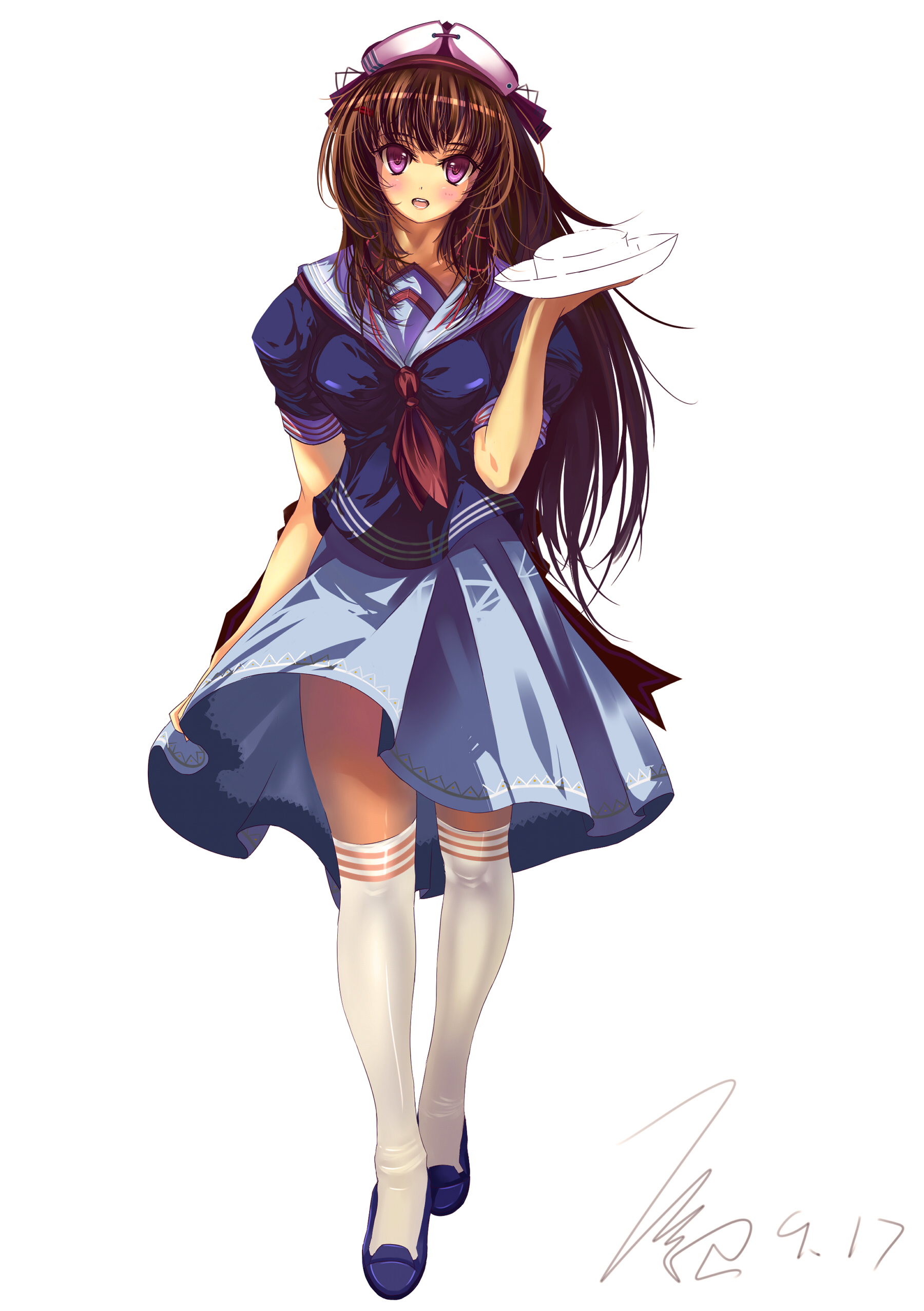 miyazakisoul, sa2er, original, absurdres, bad id, bad pixiv id, highres, 1girl, blush, brown hair, female focus, hair ornament, hairclip, hat, long hair, open mouth, purple eyes, school uniform, serafuku, shoes, skirt, socks, solo, thighhighs, zettai ryouiki
