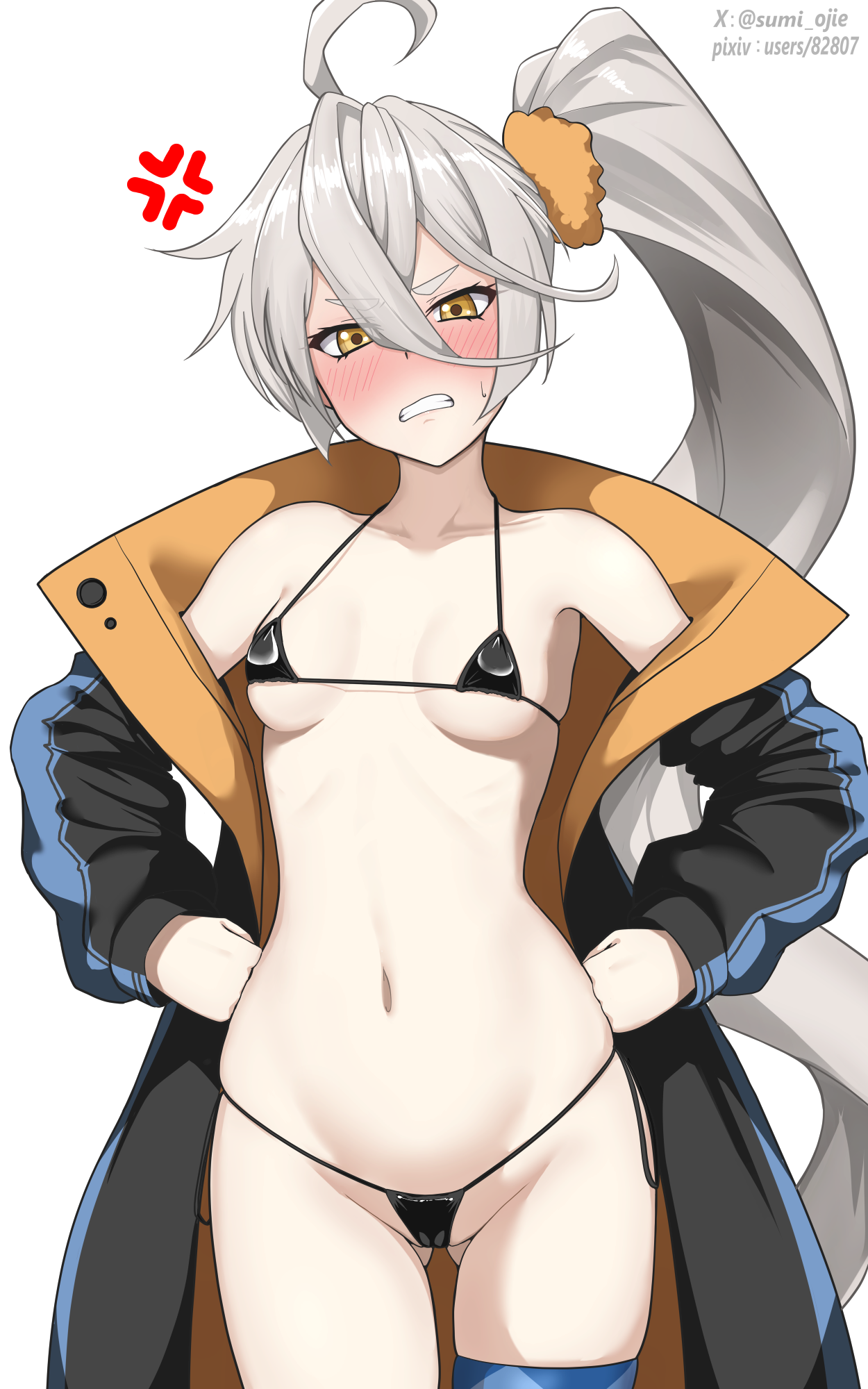 sumi ojie, pkp (girls' frontline), girls' frontline, highres, 1girl, ahoge, anger vein, bikini, black bikini, blush, breasts, clenched teeth, cowboy shot, embarrassed, gluteal fold, grey hair, hair between eyes, hands on own hips, jacket, long hair, long sleeves, looking at viewer, micro bikini, navel, orange scrunchie, scrunchie, side-tie bikini bottom, side ponytail, small breasts, solo, string bikini, swimsuit, teeth, thigh strap, very long hair, white background, yellow eyes