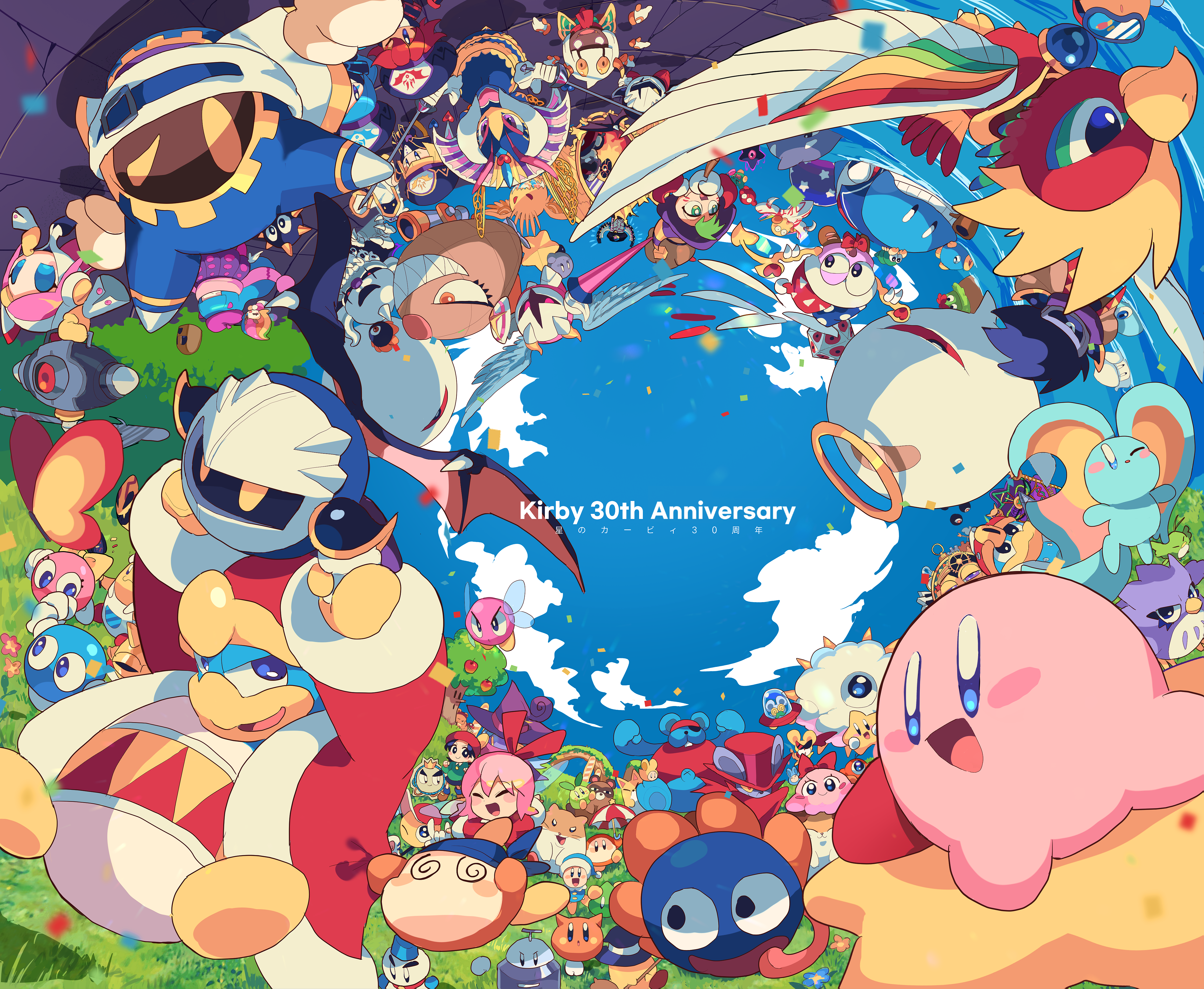 nt 26, adeleine, bandana waddle dee, coo (kirby), daroach, doc (kirby), drawcia, dyna blade, elfilin, flamberge (kirby), francisca (kirby), galacta knight, galactic nova, hyness, king dedede, kirby, kracko, magolor, marx (kirby), meta knight, mr. star, queen sectonia, ribbon (kirby), rick (kirby), squeakers, storo, susie (kirby), taranza, waddle dee, waddle doo, whispy woods, zan partizanne, zero two (kirby), kirby's dream land, kirby (series), nintendo, absurdres, character request, highres, 6+boys, 6+girls, :d, @ @, absolutely everyone, anniversary, blue sky, demon wings, english text, everyone, grass, grin, halo, multiple boys, multiple girls, open mouth, sky, smile, smirk, tongue, tongue out, wings