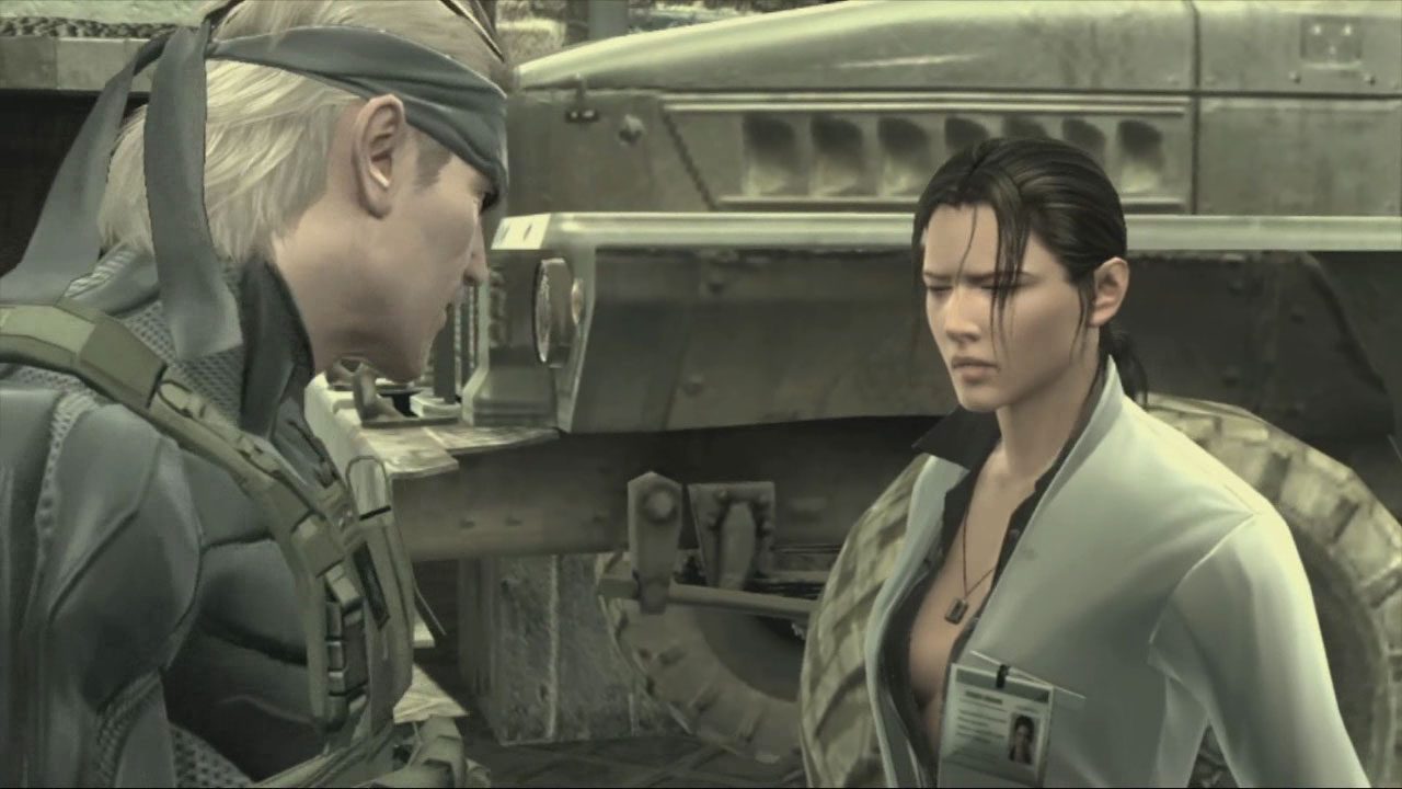 naomi hunter, solid snake, metal gear (series), metal gear solid, metal gear solid 4: guns of the patriots, official art, 1boy, 1girl, 3d, breasts, cleavage, closed eyes, jewelry, lips, necklace, no bra, open clothes, open shirt, ponytail, shirt