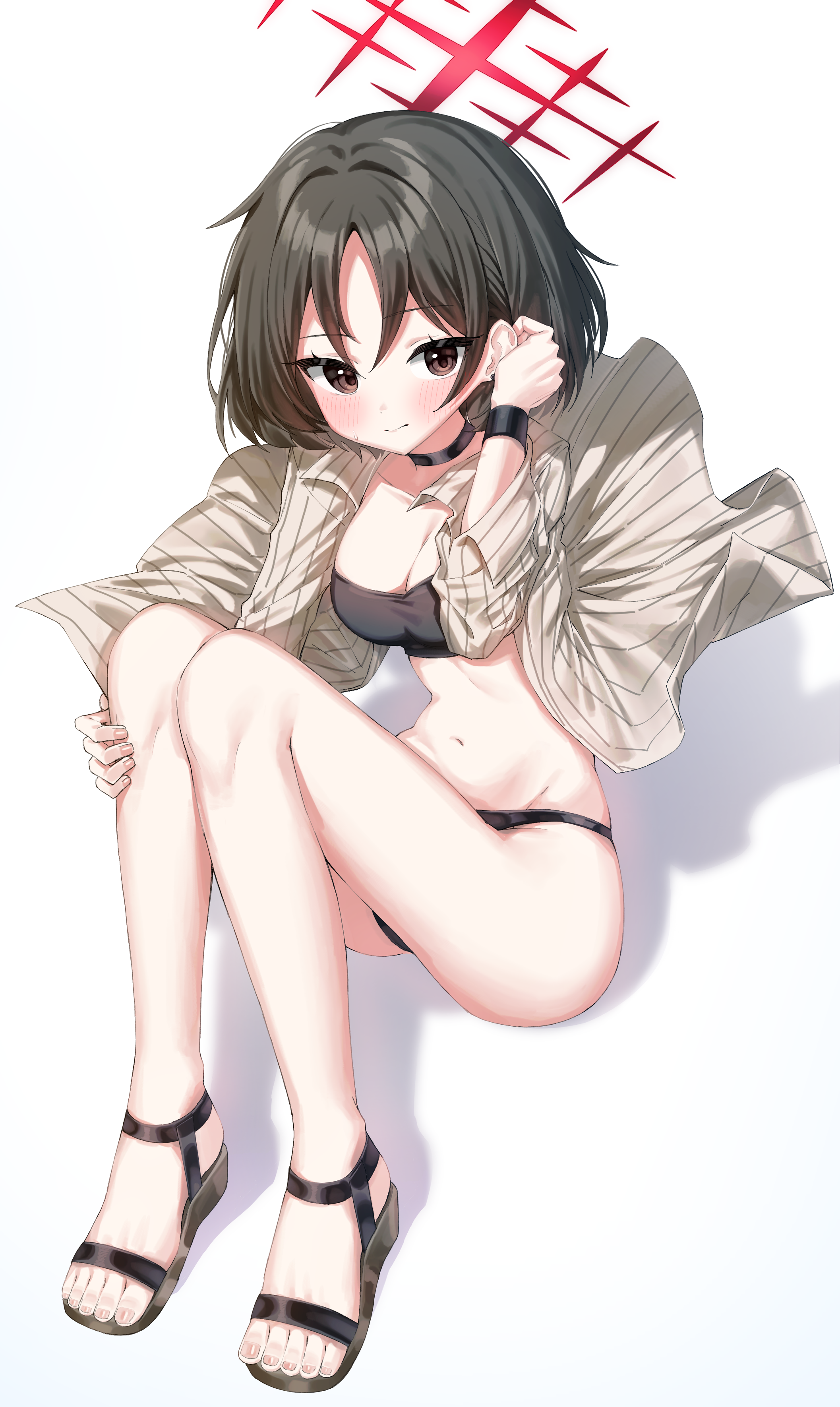 cobe, misaki (blue archive), misaki (swimsuit) (blue archive), blue archive, absurdres, highres, 1girl, bandeau, bikini, bikini under clothes, black bandeau, black bikini, black choker, brown hair, choker, cross halo, full body, halo, looking at viewer, official alternate costume, pinstripe pattern, pinstripe shirt, red halo, sandals, shirt, sitting, smile, solo, star halo, striped clothes, striped shirt, swimsuit, vertical-striped clothes, vertical-striped shirt