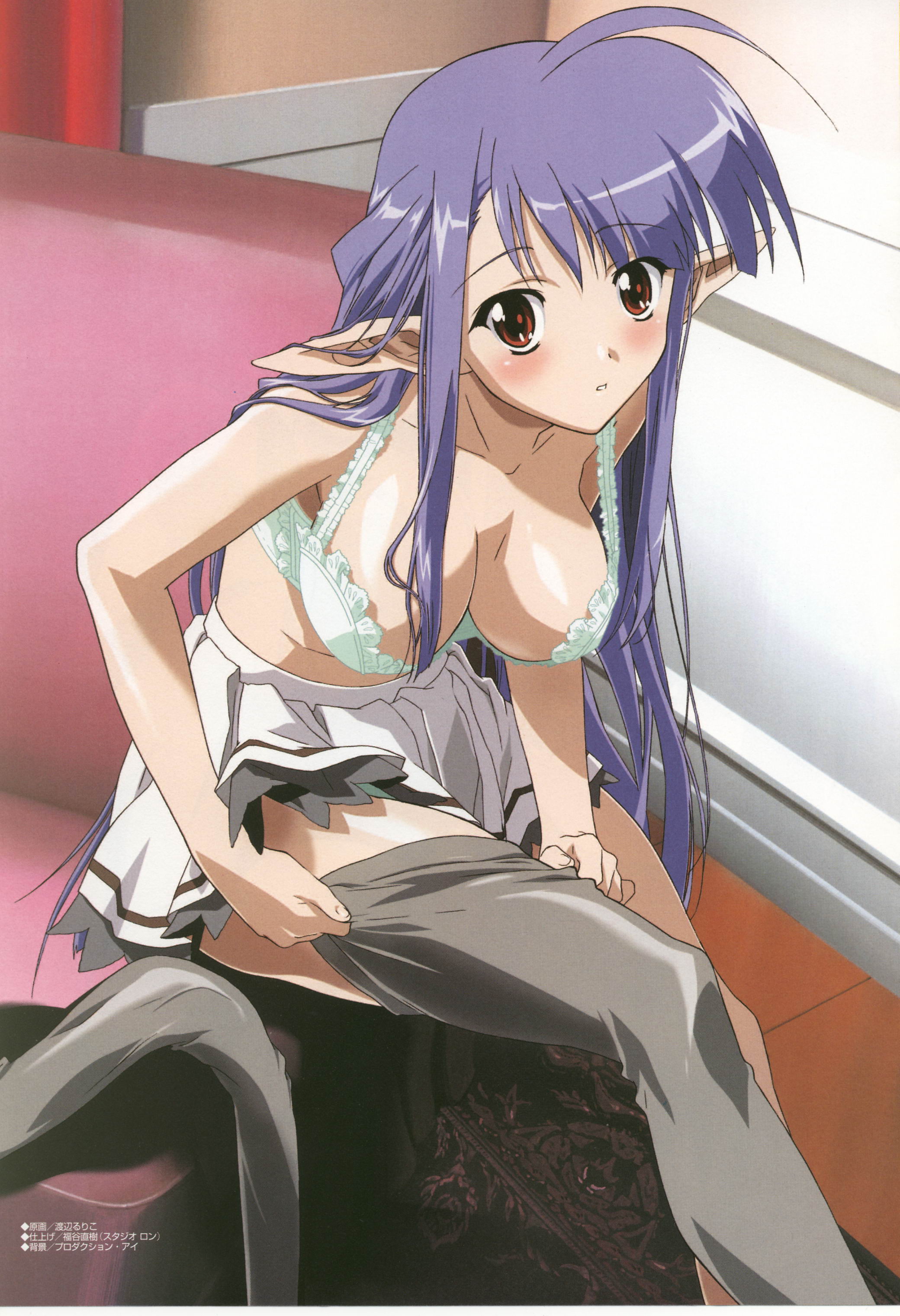 watanabe ruriko, nerine, shuffle!, absurdres, highres, 00s, 1girl, adjusting clothes, adjusting legwear, ahoge, blue hair, blush, bra, breasts, cleavage, dressing, female focus, grey thighhighs, indoors, large breasts, legs, lingerie, long hair, panties, pointy ears, purple hair, red eyes, sitting, skirt, solo, thighhighs, underwear, very long hair