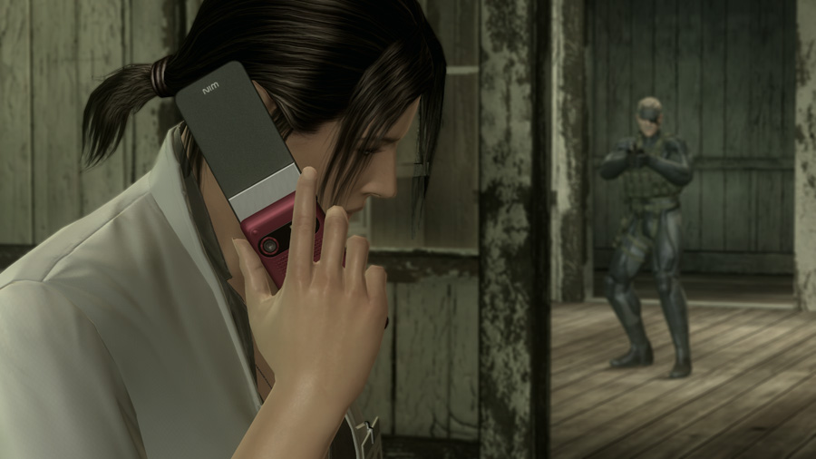naomi hunter, solid snake, metal gear (series), metal gear solid, metal gear solid 4: guns of the patriots, official art, 1boy, 1girl, cellphone, phone