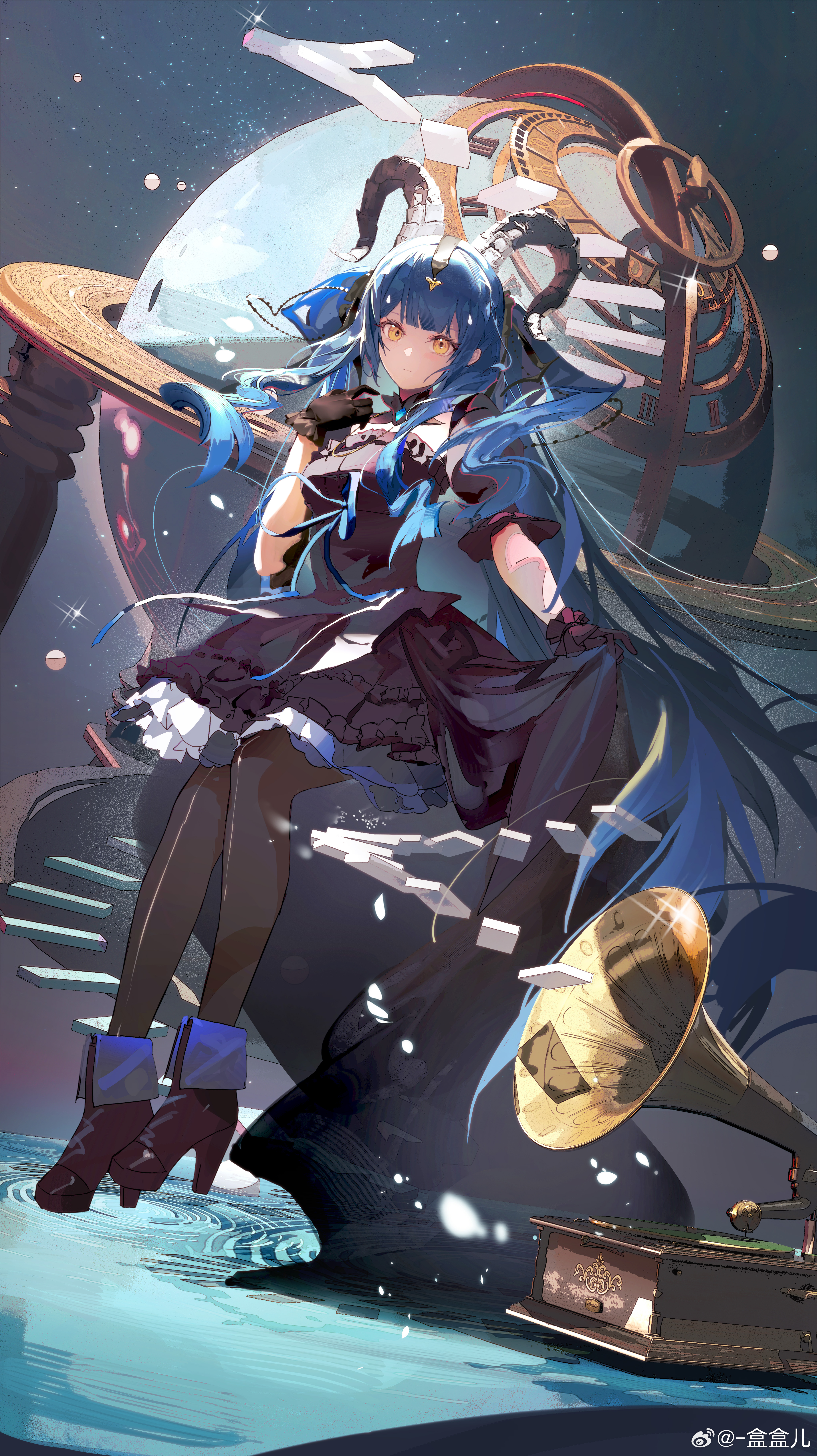 renyikouminhe, togawa sakiko, togawa sakiko (master of melodia), arknights, bang dream!, bang dream! it's mygo!!!!!, absurdres, highres, 1girl, black boots, black dress, black gloves, black horns, black pantyhose, black ribbon, blue hair, blunt bangs, boots, celestial globe, closed mouth, curled horns, detached collar, dress, floating stairs, frilled dress, frills, full body, gloves, glowing, high heel boots, high heels, horns, light particles, long hair, looking at viewer, pantyhose, phonograph, ribbon, ripples, sidelocks, sitting, skirt hold, solo, sparkle, two side up, watermark, weibo watermark, yellow eyes