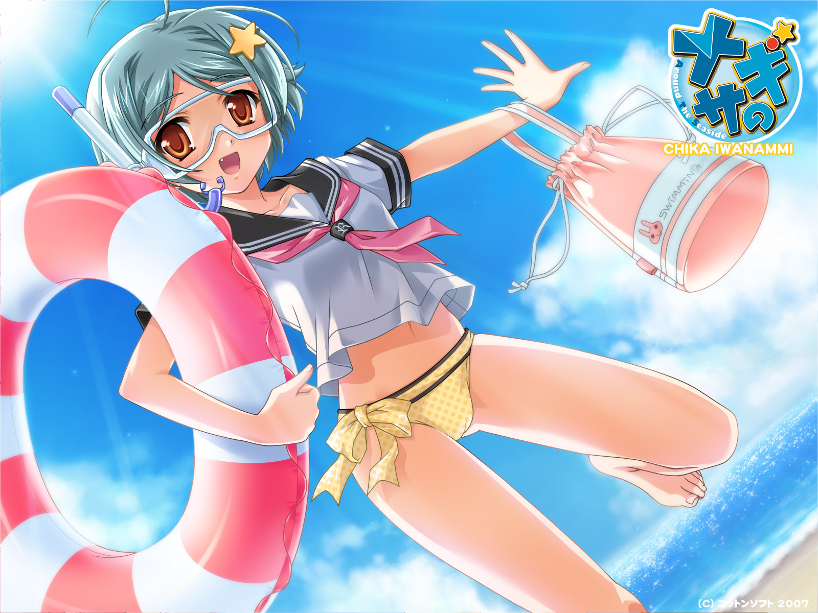 iwanami chika, nagisano, highres, 1girl, bag, barefoot, beach, bikini, bikini bottom only, cloud, day, diving mask, fang, female focus, goggles, hair ornament, innertube, no pants, ocean, outdoors, school uniform, serafuku, sky, snorkel, solo, swim ring, swimsuit