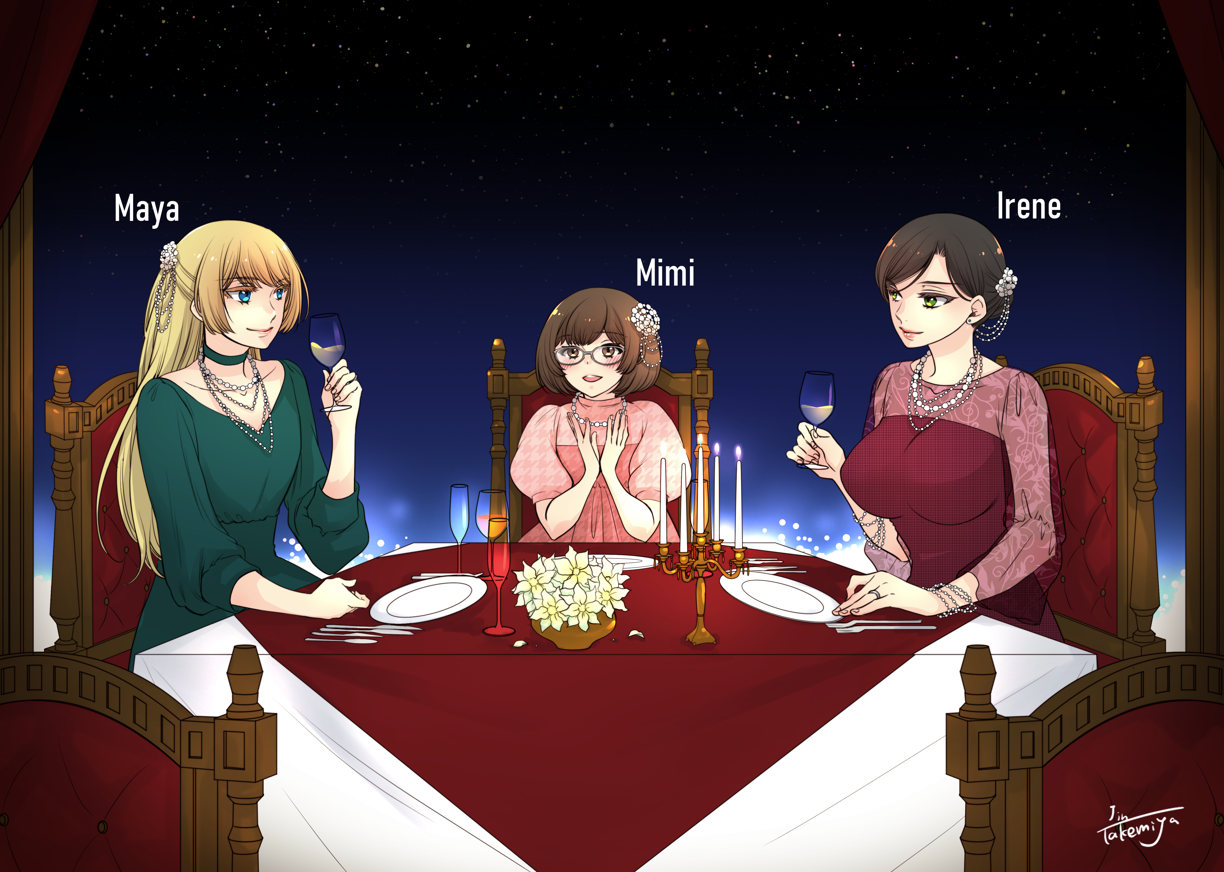 takemiya jin, irene (ricky barnes), maya (ricky barnes), mimi (ricky barnes), original, absurdres, commission, highres, skeb commission, black hair, blonde hair, blue eyes, brown eyes, brown hair, candle, character name, cup, dress, drinking glass, glasses, green eyes, hotel, jewelry, makeup, mother and daughter, necklace, night, night sky, plate, restaurant, ring, sky, tablecloth, utensil, wedding ring, wife and wife, window, wine glass, yuri
