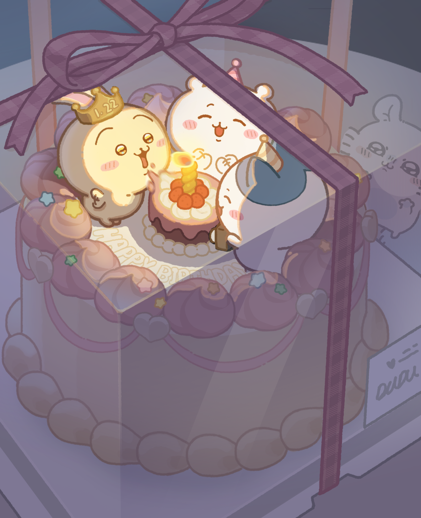 dudu (user ukrz7787), chiikawa (character), hachiware (chiikawa), momonga (chiikawa), usagi (chiikawa), chiikawa, commentary request, highres, 4others, :3, birthday, birthday cake, blush stickers, box, cake, candle, closed eyes, crown, food, happy birthday, hat, multiple others, on food, open mouth, party hat, smile, waving arms