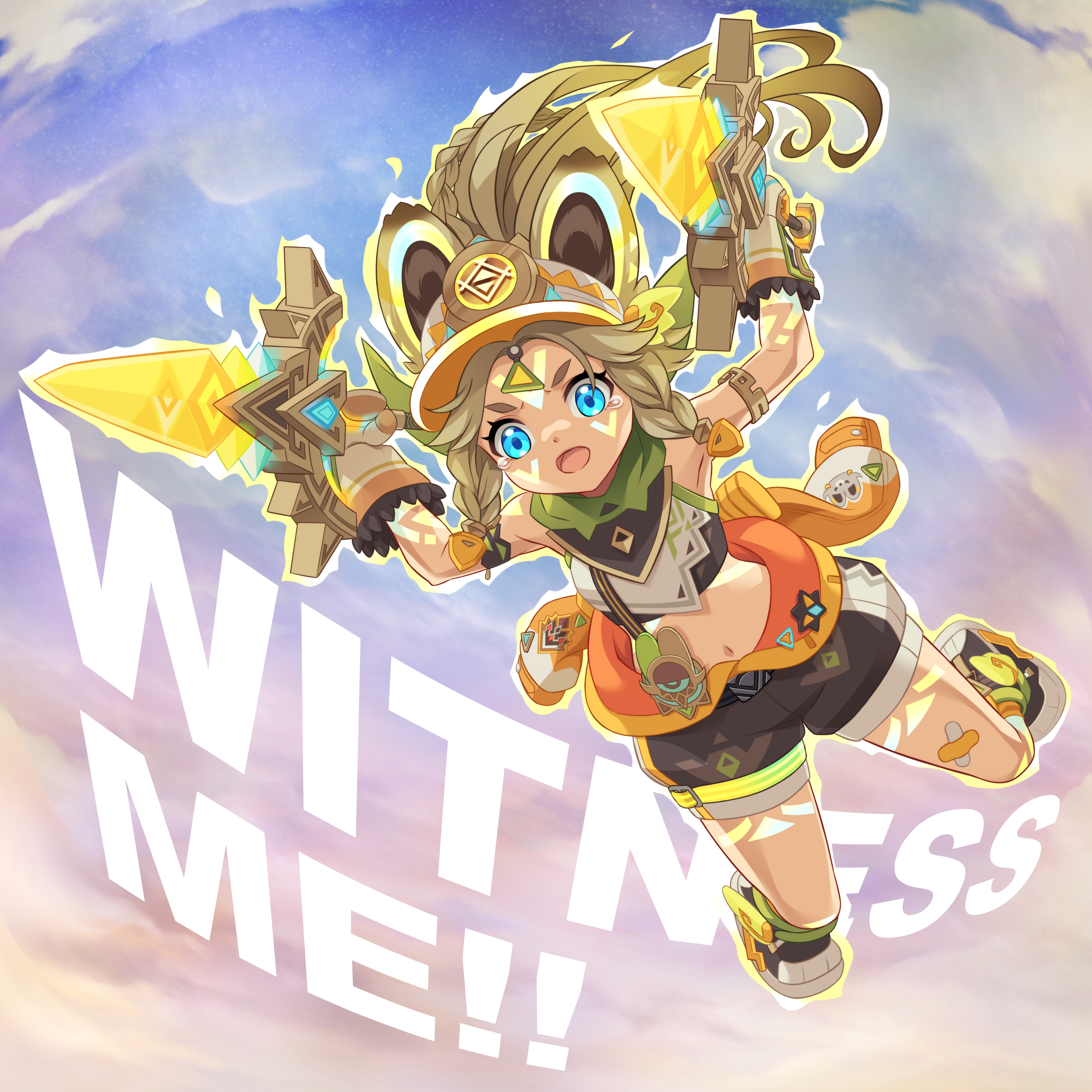 440 (straight440), kachina (genshin impact), genshin impact, mad max, mad max: fury road, absurdres, commentary, english commentary, highres, 1girl, animal ears, arms up, blue eyes, braid, brown hair, chinchilla ears, cloud, cloudy sky, crop top, dual wielding, english text, facial tattoo, falling, floating hair, from below, full body, fur-trimmed mittens, fur trim, glowing, glowing tattoo, holding, holding weapon, long hair, midair, midriff, mittens, navel, open mouth, outdoors, parody, scene reference, shoes, shorts, side braids, sky, solo, stomach, tattoo, tearing up, v-shaped eyebrows, very long hair, visor cap, weapon, wide-eyed