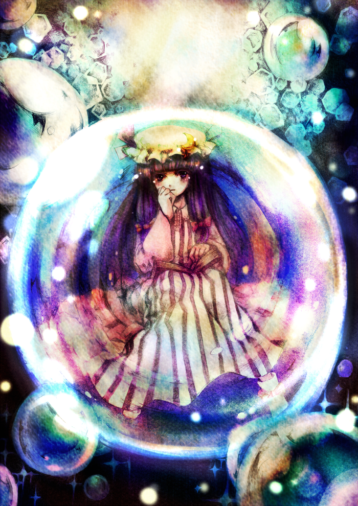 hanada hyou, patchouli knowledge, touhou, striped, 1girl, blunt bangs, blush, book, bow, bubble, crescent moon, female focus, full body, hair bow, hat, long hair, moon, purple hair, robe, sitting, solo
