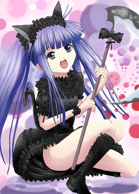 furude rika, higurashi no naku koro ni, 00s, animal ears, blue hair, cat ears, cat tail, gothic lolita, lolita fashion, long hair, purple eyes, scythe, sitting, smile, solo, tail