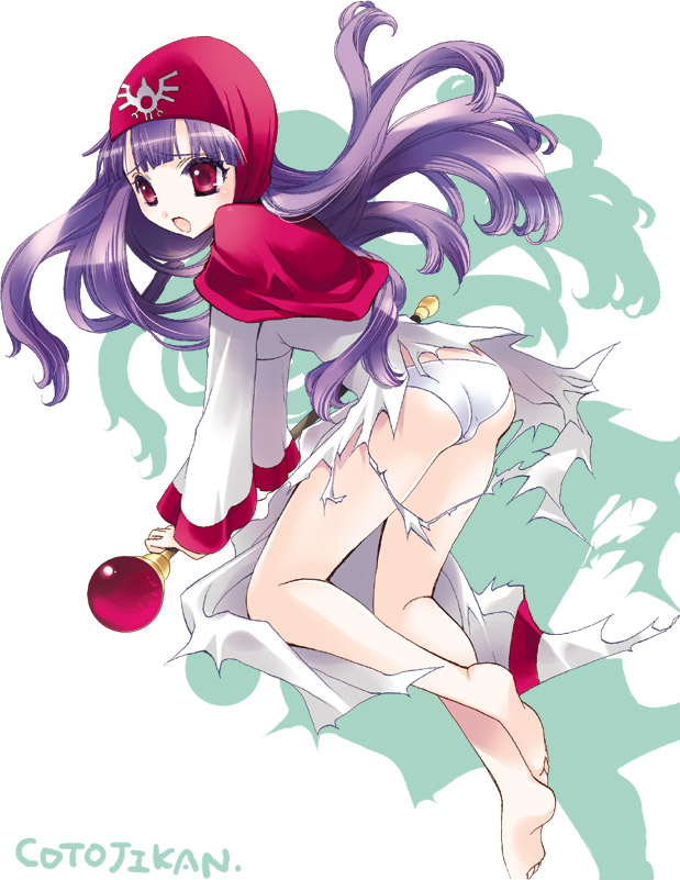 kotoji, princess of moonbrook, chunsoft, dragon quest, dragon quest ii, enix, 1980s (style), artistic error, barefoot, fantasy, oldschool, panties, purple hair, retro artstyle, solo, staff, torn clothes, underwear, white panties