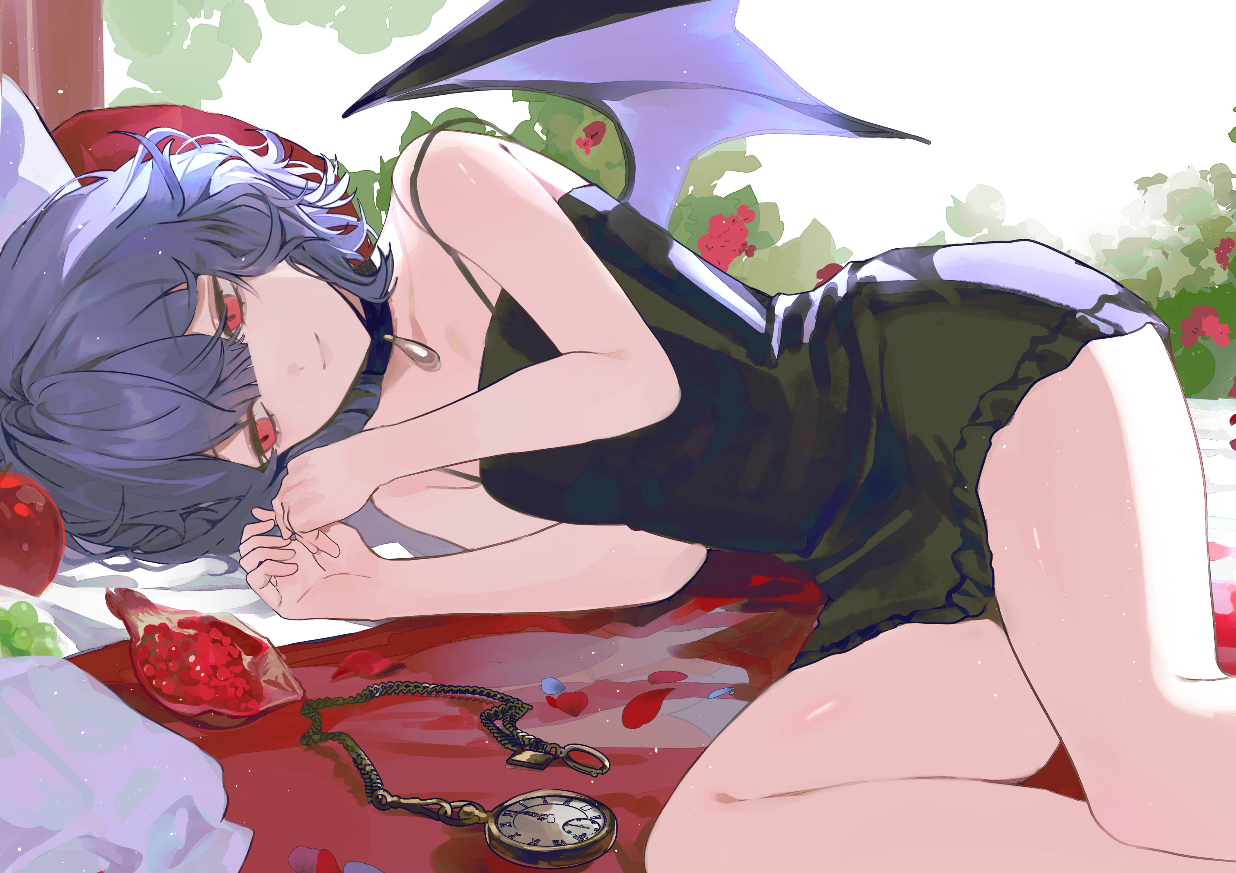 daimaou ruaeru, remilia scarlet, touhou, absurdres, highres, 1girl, bare shoulders, bat wings, black choker, black dress, choker, closed mouth, double-parted bangs, dress, food, fruit, lying, on side, petals, pocket watch, pomegranate, purple hair, red eyes, short dress, short hair, smile, solo, spaghetti strap, watch, wings