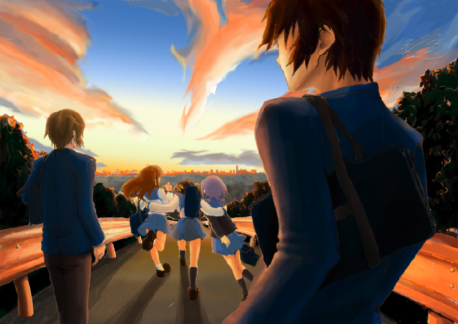 asahina mikuru, koizumi itsuki, kyon, nagato yuki, suzumiya haruhi, suzumiya haruhi no yuuutsu, 00s, 2boys, 3girls, backlighting, black hair, black socks, blazer, blue skirt, brown hair, from behind, jacket, kneehighs, long sleeves, multiple boys, multiple girls, road, sailor collar, school uniform, serafuku, short hair, skirt, socks, sunset, walking