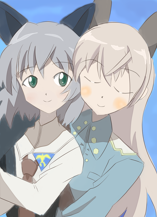 unoyo, eila ilmatar juutilainen, sanya v. litvyak, strike witches, world witches series, 00s, 2girls, animal ears, blush, green eyes, hug, multiple girls
