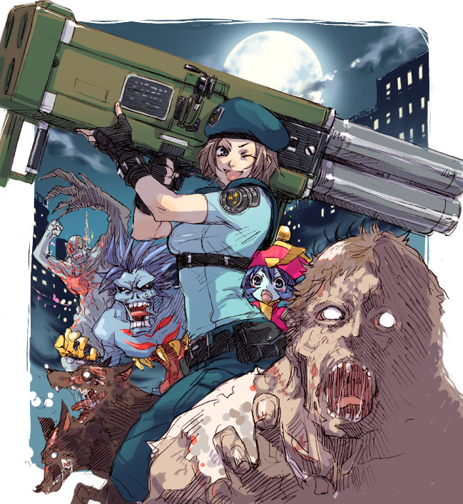shika (pixiv), cerberus (resident evil), hsien-ko, jill valentine, lord raptor, tyrant (resident evil), capcom, darkstalkers, m.u.g.e.n, resident evil, resident evil 1, bad id, bad pixiv id, 2girls, belt, beret, city, cloud, company connection, crossover, dog, hat, jiangshi, m202 flash, moon, multiple-barrel gun, multiple girls, multishot rocket launcher, ofuda, pouch, rocket launcher, teeth, tongue, weapon, wolf, zombie