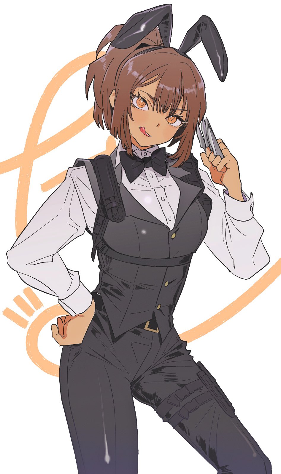 tama launcher, nelly (project moon), limbus company, project moon, highres, 1girl, alternate costume, animal ear hairband, animal ears, black bow, black bowtie, black pants, black vest, bow, bowtie, brown hair, butler, collared shirt, crossdressing, crossdressing (ftm), dark-skinned female, dark skin, fake animal ears, female butler, hairband, hand on own hip, high ponytail, holding, holding knife, knife, long hair, long sleeves, looking at viewer, orange eyes, pants, ponytail, rabbit ear hairband, rabbit ears, shirt, simple background, solo, standing, tongue, tongue out, upper body, vest, white background, white shirt