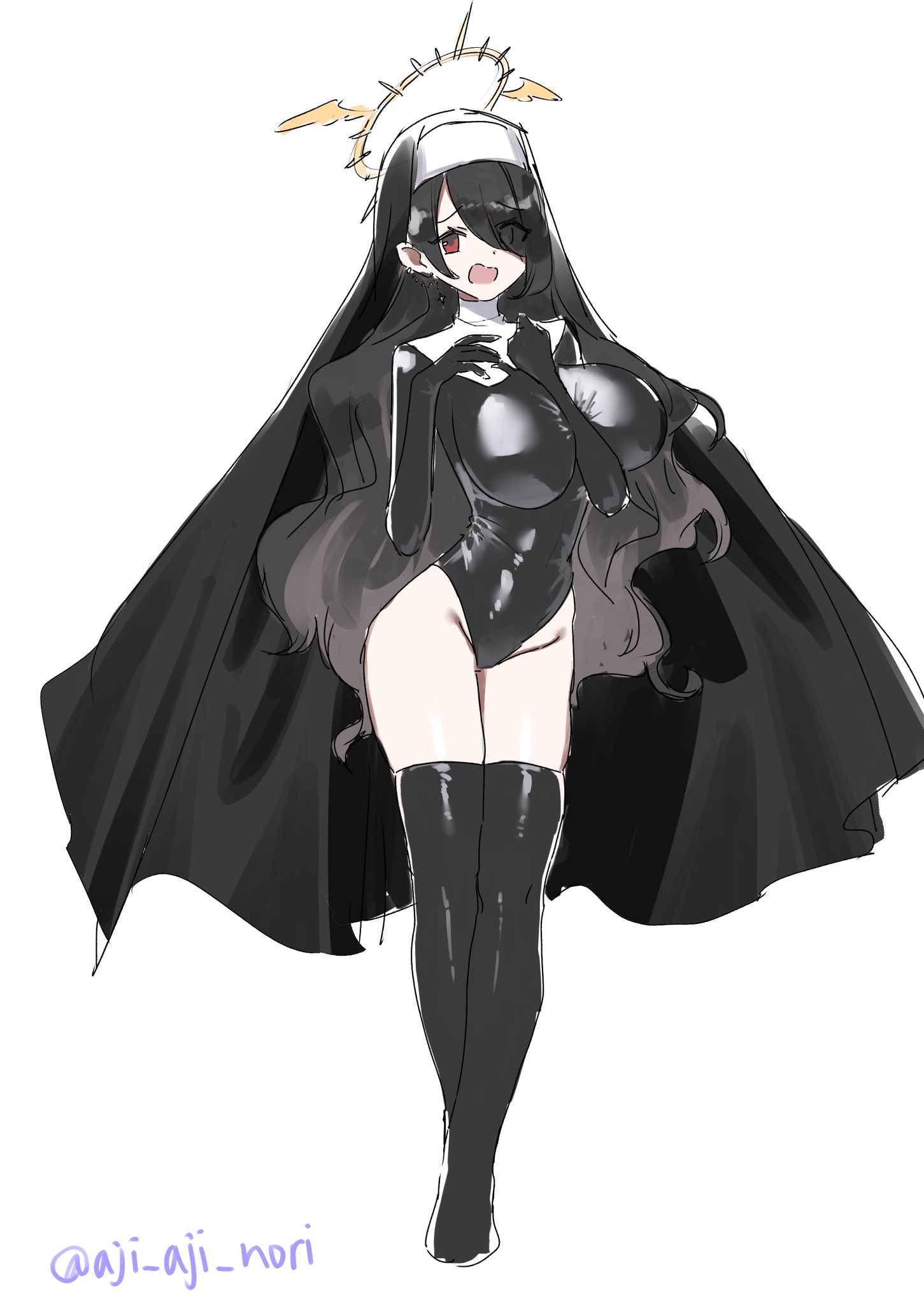 aji aji nori, hinata (blue archive), blue archive, highres, 1girl, black coif, black hair, black suit, black thighhighs, breasts, formal clothes, groin, hair over one eye, halo, highleg, highleg leotard, large breasts, latex, latex leotard, leotard, long hair, long sleeves, nun, open mouth, red eyes, solo, suit, thighhighs, thighs, twitter username, wavy hair, yellow halo