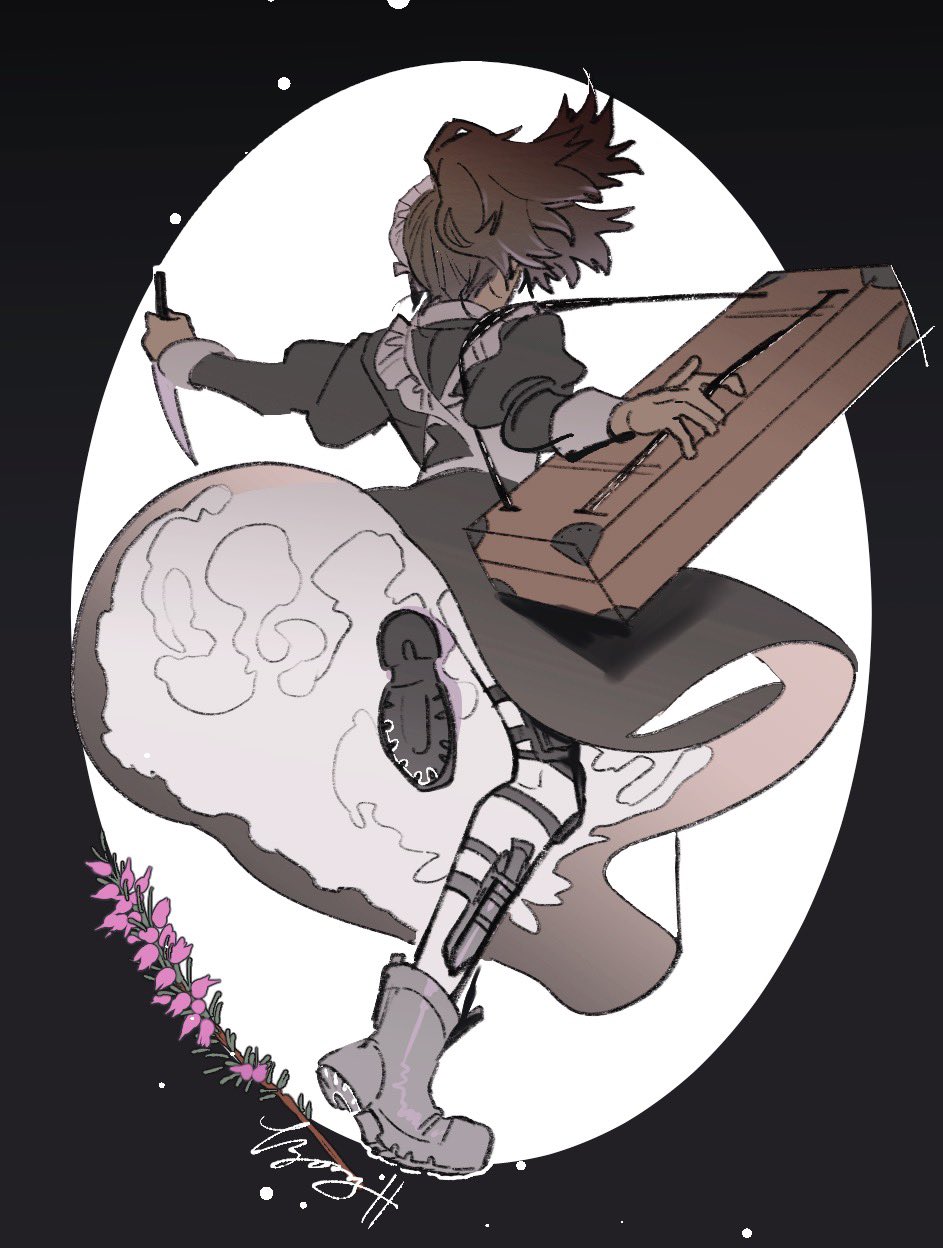 tama launcher, nelly (project moon), limbus company, project moon, highres, 1girl, bag, black background, black dress, black shoes, brown bag, brown hair, dark-skinned female, dark skin, dress, facing away, full body, high ponytail, holding, holding knife, juliet sleeves, knife, long hair, long sleeves, maid headdress, pantyhose, ponytail, puffy sleeves, shoes, shoulder bag, simple background, solo, standing, white pantyhose