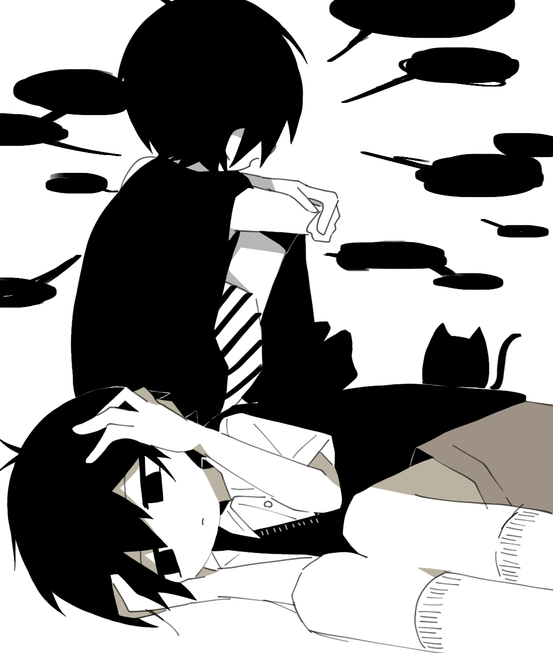 lemonail, mewo, omori (omori), sunny (omori), omori, commentary, highres, 2boys, animal, antenna hair, bare arms, bare shoulders, black cat, black eyes, black hair, black shirt, black shorts, black sweater vest, black thighhighs, blank speech bubble, brown shorts, buttons, cat, closed mouth, collared shirt, colored skin, crossed arms, double-parted bangs, dual persona, empty eyes, expressionless, feet out of frame, full body, hair between eyes, hands on own head, high contrast, jitome, kneehighs, knees up, looking to the side, lying, male focus, multiple boys, no nose, no pupils, no shoes, on side, open mouth, pale skin, shirt, short hair, short sleeves, shorts, simple background, sitting, sleeveless, sleeveless shirt, socks, speech bubble, striped clothes, striped shorts, sweater vest, thighhighs, two-tone shorts, vertical-striped clothes, vertical-striped shorts, very short hair, white background, white shirt, white shorts, white skin, white socks