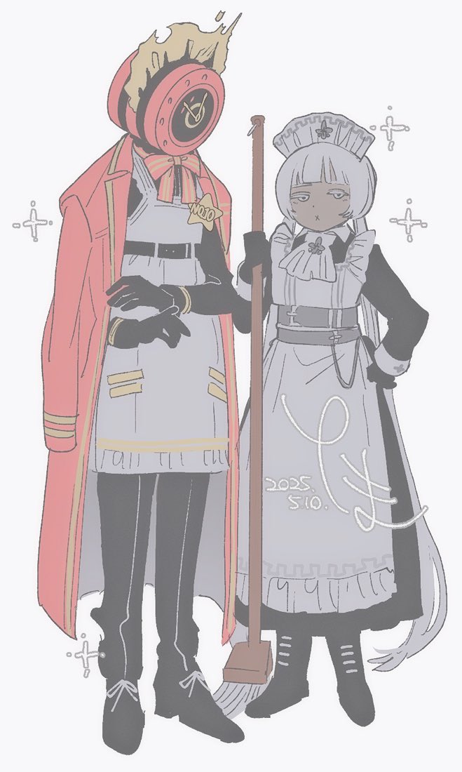 tama launcher, charon (project moon), dante (limbus company), limbus company, project moon, 1girl, 1other, alternate costume, apron, ascot, black dress, black gloves, black pants, black shoes, bow, bowtie, broom, clock, coat, coat on shoulders, dress, enmaided, fire, full body, gloves, grey eyes, holding, holding broom, long hair, long sleeves, looking at another, looking at viewer, low twintails, maid, maid apron, maid headdress, object head, pants, red bow, red bowtie, red coat, shoes, simple background, standing, twintails, white apron, white ascot, white background, white hair