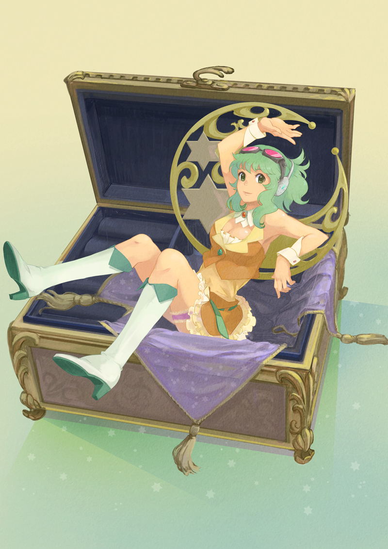isumimax, gumi, vocaloid, commentary request, 1girl, arm up, behind-the-head headphones, belt, boots, box, breasts, brooch, cleavage, crescent, detached collar, frilled skirt, frilled thigh strap, frills, full body, goggles, goggles on head, gradient background, green background, green eyes, green hair, headphones, high heel boots, high heels, in box, in container, jewelry, long hair, looking at viewer, mini person, minigirl, red-tinted eyewear, shirt, skirt, sleeveless, sleeveless shirt, smile, solo, thigh strap, tinted eyewear, wrist cuffs