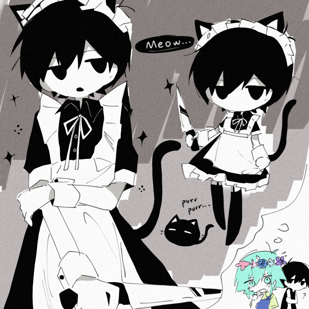 lemonail, basil (headspace) (omori), basil (omori), mewo, omori (omori), omori, commentary, 2boys, ?, alternate costume, animal, animal ears, antenna hair, apron, black cat, black dress, black mouth, black tail, black tank top, black thighhighs, blue flower, blue overalls, blue rose, buttons, cat, cat boy, cat ears, cat tail, chibi, collared dress, colored skin, crossdressing, crossdressing (mtf), dress, empty eyes, enmaided, film grain, flower, flower wreath, frilled apron, frills, garter straps, green eyes, green hair, green shirt, grey background, hair behind ear, halftone, head wreath, holding, holding knife, holding own arm, imagining, kemonomimi mode, knife, looking at another, looking at viewer, maid, maid apron, maid headdress, male focus, medium dress, multiple boys, neck ribbon, no mouth, no nose, no pupils, no shoes, open mouth, overalls, pink flower, purple flower, ribbon, rose, shirt, short sleeves, simple background, sparkle, speech bubble, sweat, tail, tank top, thighhighs, thought bubble, white apron, white background, white headdress, white ribbon, white skin, wristband, zettai ryouiki
