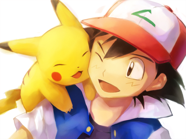 isumimax, ash ketchum, pikachu, nintendo, pokemon, commentary request, 1boy, baseball cap, black hair, brown eyes, closed eyes, gen 1 pokemon, hat, looking to the side, male focus, on shoulder, one eye closed, open mouth, pokemon (creature), pokemon on shoulder, portrait, short hair, short sleeves, smile