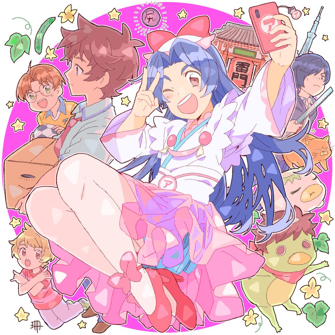 sanmamaguro, azuma sara, jinnai enta, keppi, kuji toi, yasaka kazuki, sarazanmai, commentary request, 4boys, ankle bow, ankle ribbon, azuma sara (cosplay), blue hair, bow, brown hair, cosplay, crossdressing, crossdressing (mtf), crossed arms, cucumber, floating, high heels, holding ruler, japanese clothes, kimono, long hair, long sleeves, male focus, multiple boys, multiple views, necktie, nyantaro (sarazanmai), one eye closed, open mouth, orange cat, red bow, red necktie, red shoes, ribbon, round eyewear, selfie, shirt, shoes, soccer uniform, sportswear, striped clothes, striped shirt, v, very long hair, white kimono, yasaka haruka