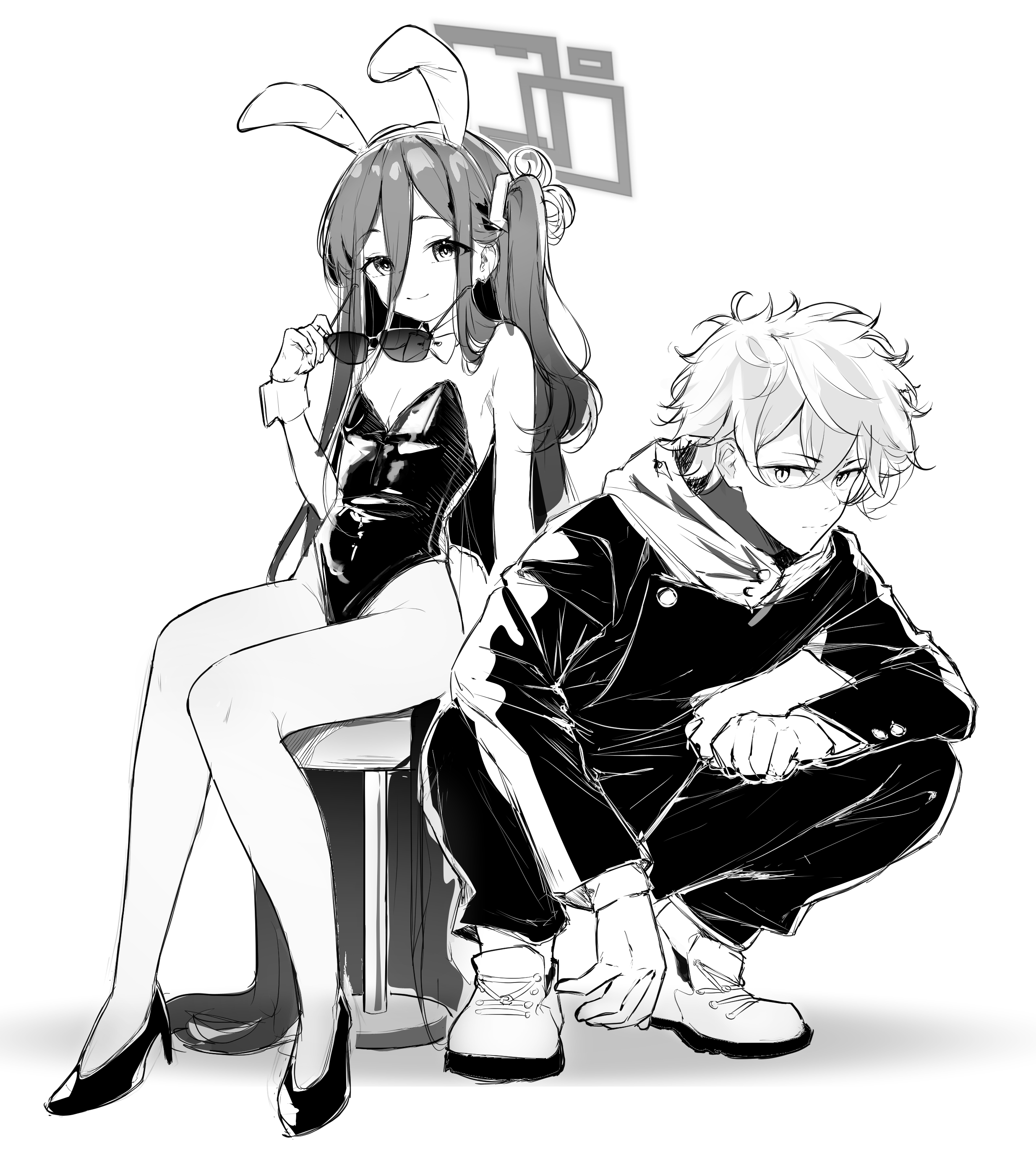 meliach, aris (blue archive), gojou satoru, blue archive, jujutsu kaisen, absurdres, highres, 1boy, 1girl, absurdly long hair, animal ears, bare legs, breasts, closed mouth, detached collar, fake animal ears, full body, gakuran, greyscale, hair between eyes, halo, high heels, holding, holding removed eyewear, hood, hood down, jacket, leotard, long hair, looking at viewer, monochrome, one side up, pants, playboy bunny, rabbit ears, school uniform, shoes, simple background, sitting, small breasts, smile, squatting, stool, strapless, strapless leotard, sunglasses, unworn eyewear, very long hair, white background