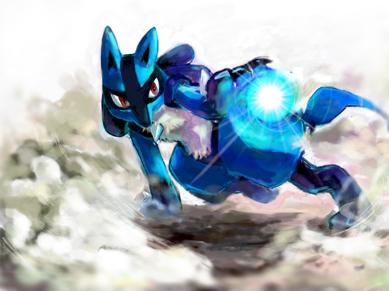 isumimax, lucario, nintendo, pokemon, commentary request, arm support, dust, full body, gen 4 pokemon, magic, no humans, pokemon (creature), red eyes, standing, standing on one leg