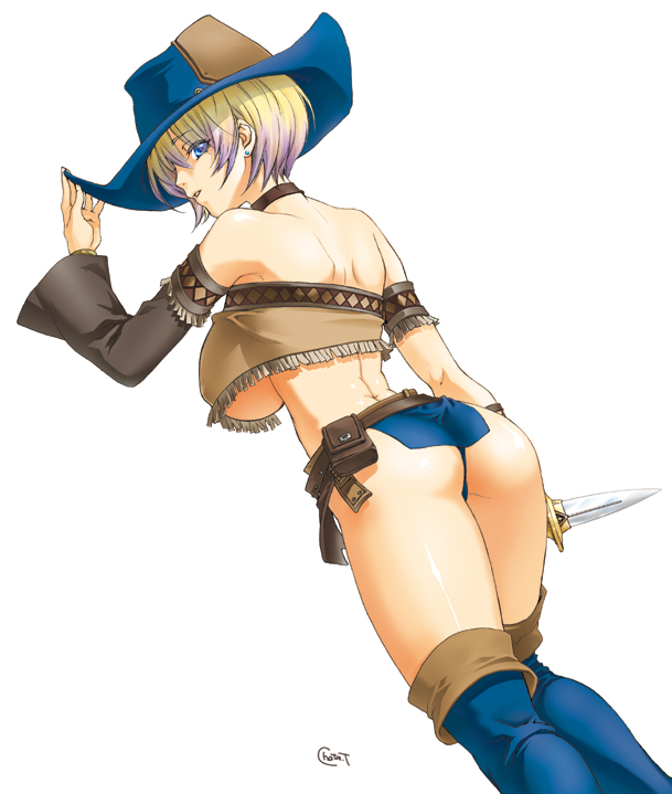 tachibana chata, fantasy earth zero, 1girl, ass, boots, breasts, cowboy hat, cowboy western, dagger, female focus, fringe trim, hat, huge breasts, knife, solo, underboob, weapon