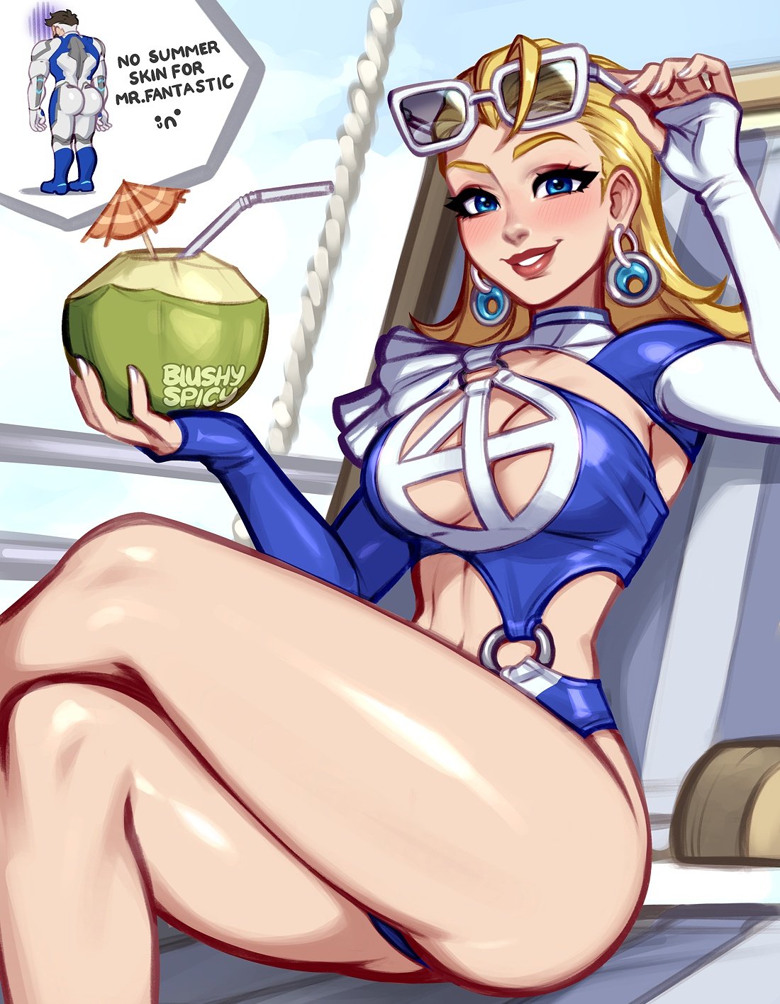 blushyspicy, reed richards, sue storm, sue storm (azure shade), marvel, marvel rivals, highres, belly, blonde hair, blue eyes, blue one-piece swimsuit, blush, breasts, large breasts, lipstick, long hair, looking at viewer, makeup, one-piece swimsuit, red lips, sky, smile, sunglasses, swimsuit, thighs, unworn eyewear