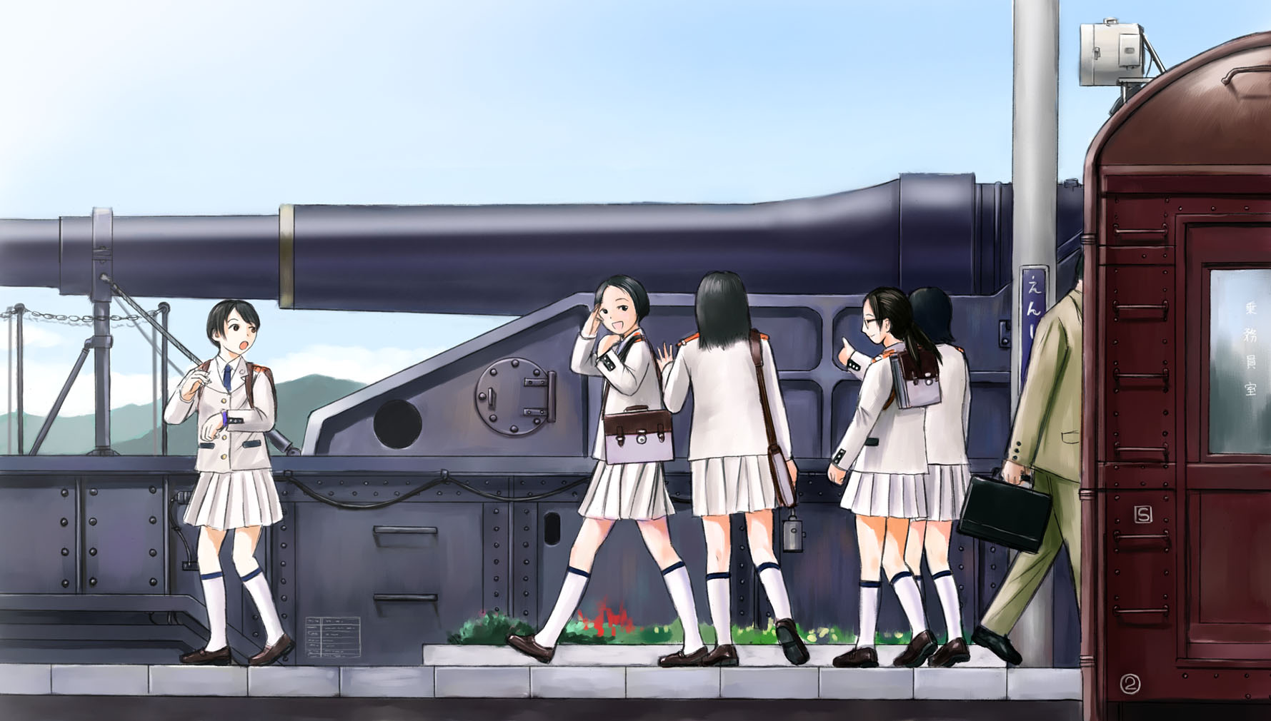 mimura kaoru, original, highres, 1boy, 5girls, bag, black hair, cannon, long hair, multiple girls, necktie, satchel, school bag, school uniform, serafuku, short hair