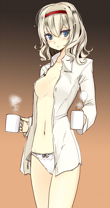 takaharu, alice margatroid, touhou, bad id, bad pixiv id, 1girl, blonde hair, blue eyes, blush, breasts, cup, dress shirt, dual wielding, female focus, hairband, holding, morning, mug, navel, no bra, open clothes, open shirt, panties, shirt, short hair, side-tie panties, solo, standing, underwear, white panties