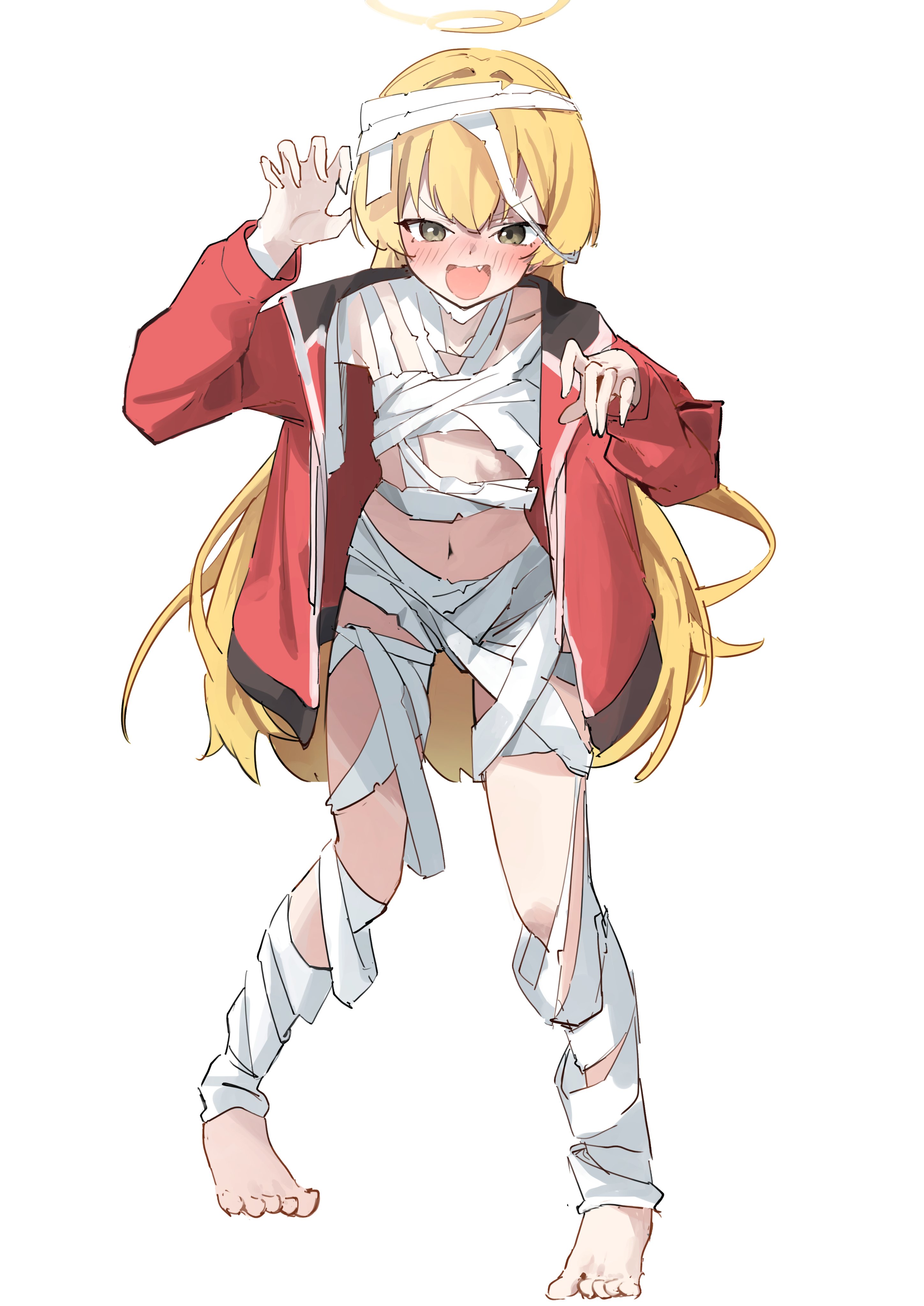 yoshimi (blue archive), yoshimi (halloween) (blue archive), blue archive, absurdres, highres, 1girl, bandages, barefoot, blonde hair, blush, claw pose, full body, halloween, halloween costume, halo, jacket, long hair, looking at viewer, mummy costume, naked bandage, navel, open clothes, open jacket, open mouth, red jacket, shiromeahi, simple background, solo, standing, white background