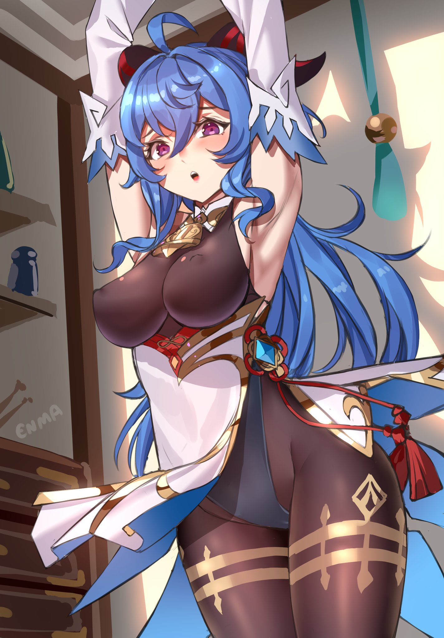 enma (enmanuelart), ganyu (genshin impact), genshin impact, black bodystocking, commentary, english commentary, highres, 1girl, :o, ahoge, armpits, arms up, artist name, bell, black horns, black leotard, black pantyhose, blue hair, blush, breasts, covered erect nipples, cowbell, cowboy shot, detached sleeves, eyelashes, goat horns, hair between eyes, halterneck, horns, indoors, large breasts, leotard, long hair, long sleeves, looking to the side, multicolored horns, open mouth, pantyhose, purple eyes, red horns, shadow, sidelocks, solo, tassel, teeth, two-tone horns, upper teeth only, vision (genshin impact), waist cape, white sleeves