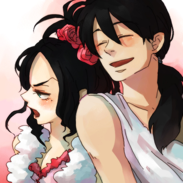 hidaka ryou, deborah (dq5), hero (dq5), dragon quest, dragon quest v, bad id, bad pixiv id, 1boy, 1girl, black hair, blush, couple, flower, frills, hair flower, hair ornament, hetero, mole, mole under eye, ponytail, rose, tsundere