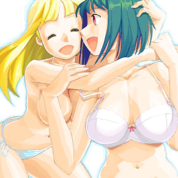 zouzou, 2girls, blonde hair, bra, breasts, green hair, happy, hug, large breasts, lingerie, long hair, multiple girls, navel, panties, short hair, strap slip, striped clothes, striped panties, topless female, underwear, underwear only