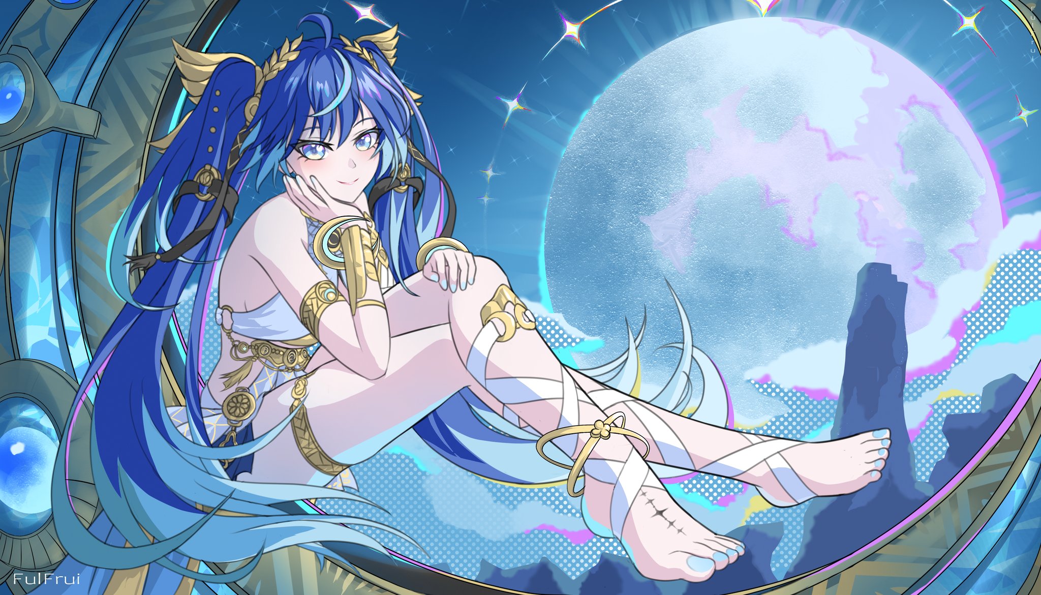 funtazzy, iuno (wuthering waves), wuthering waves, commentary, highres, 1girl, ahoge, ancient greek clothes, armlet, artist name, bare shoulders, barefoot, black skirt, blue eyes, blue hair, blue nails, closed mouth, crossed legs, feet, gradient hair, greco-roman clothes, head rest, jewelry, laurel crown, leg wrap, looking at viewer, miniskirt, multicolored hair, nail polish, skirt, smile, solo, streaked hair, tacet mark (wuthering waves), thighlet, thighs, toenail polish, toenails, toes, twintails
