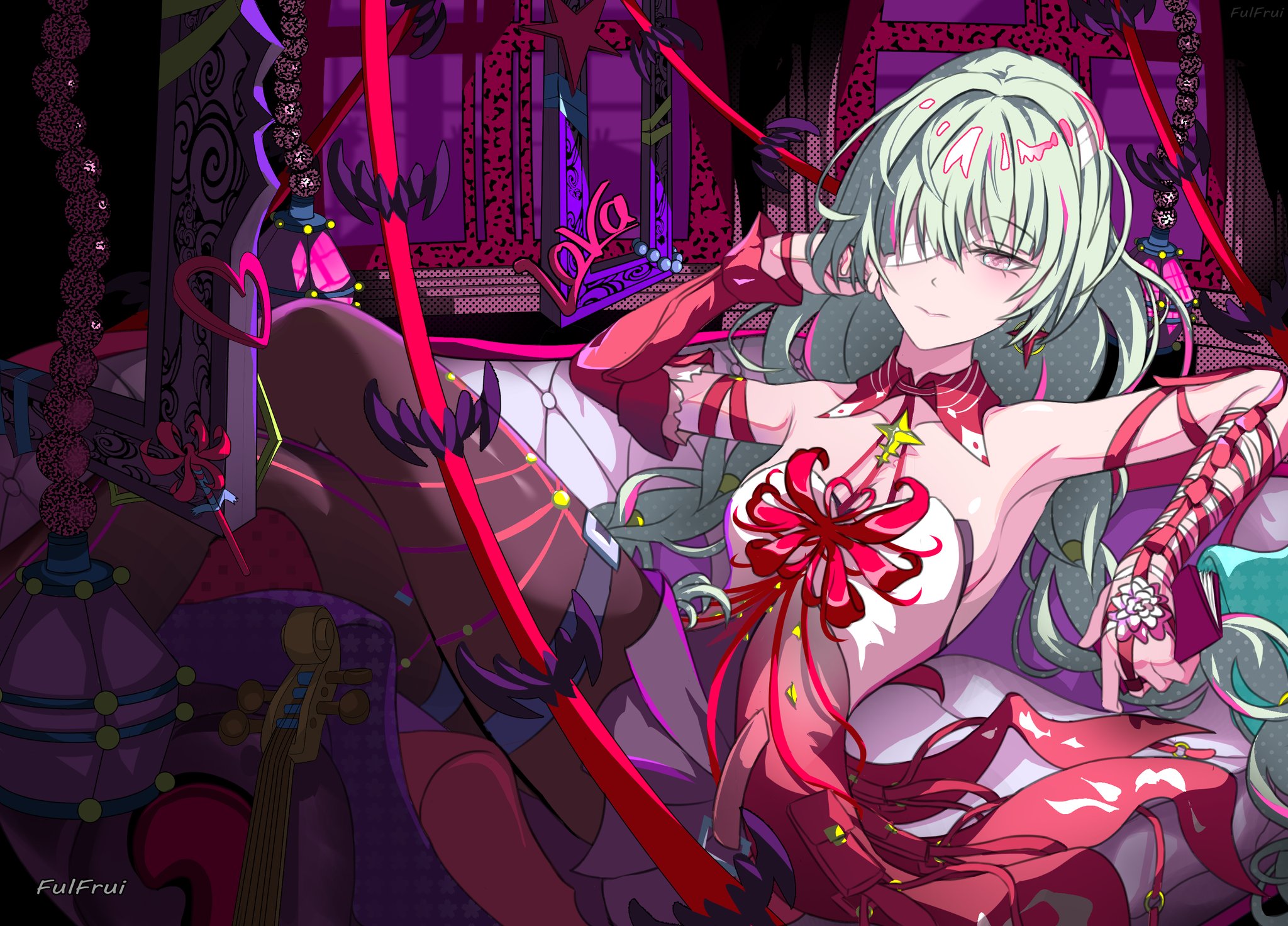 funtazzy, phrolova (wuthering waves), wuthering waves, commentary, highres, 1girl, artist name, bandage over one eye, bandaged arm, bandages, bare shoulders, black pantyhose, black skirt, braid, breasts, closed mouth, crossed legs, detached sleeves, dress, grey eyes, grey hair, halter dress, halterneck, indoors, long hair, looking at viewer, low twin braids, medium breasts, pantyhose, red dress, single detached sleeve, skirt, solo, twin braids